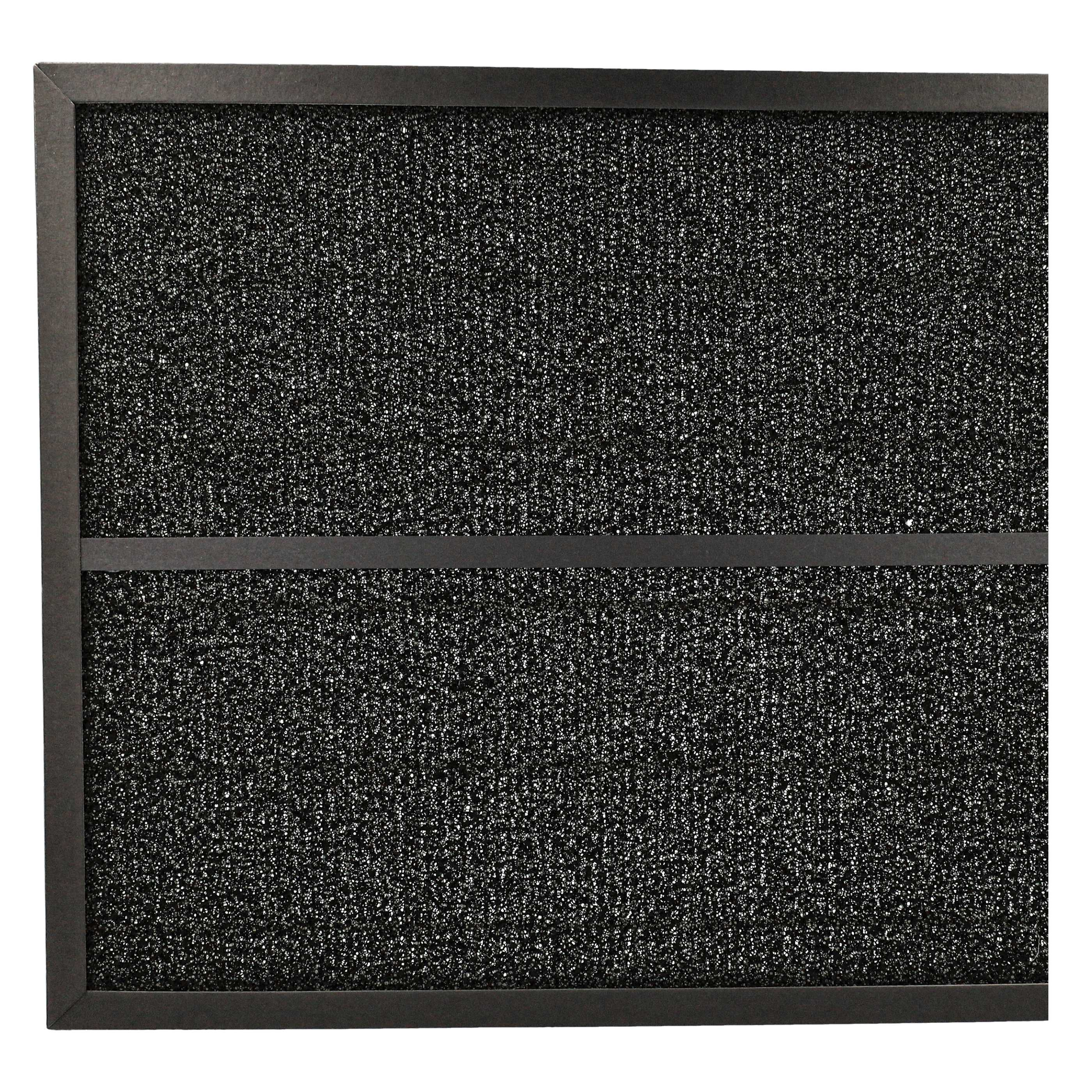 Ein rechteckiger Luftfilter mit dunkelgrauem Rahmen und porösem, schwarzem Filtermaterial.