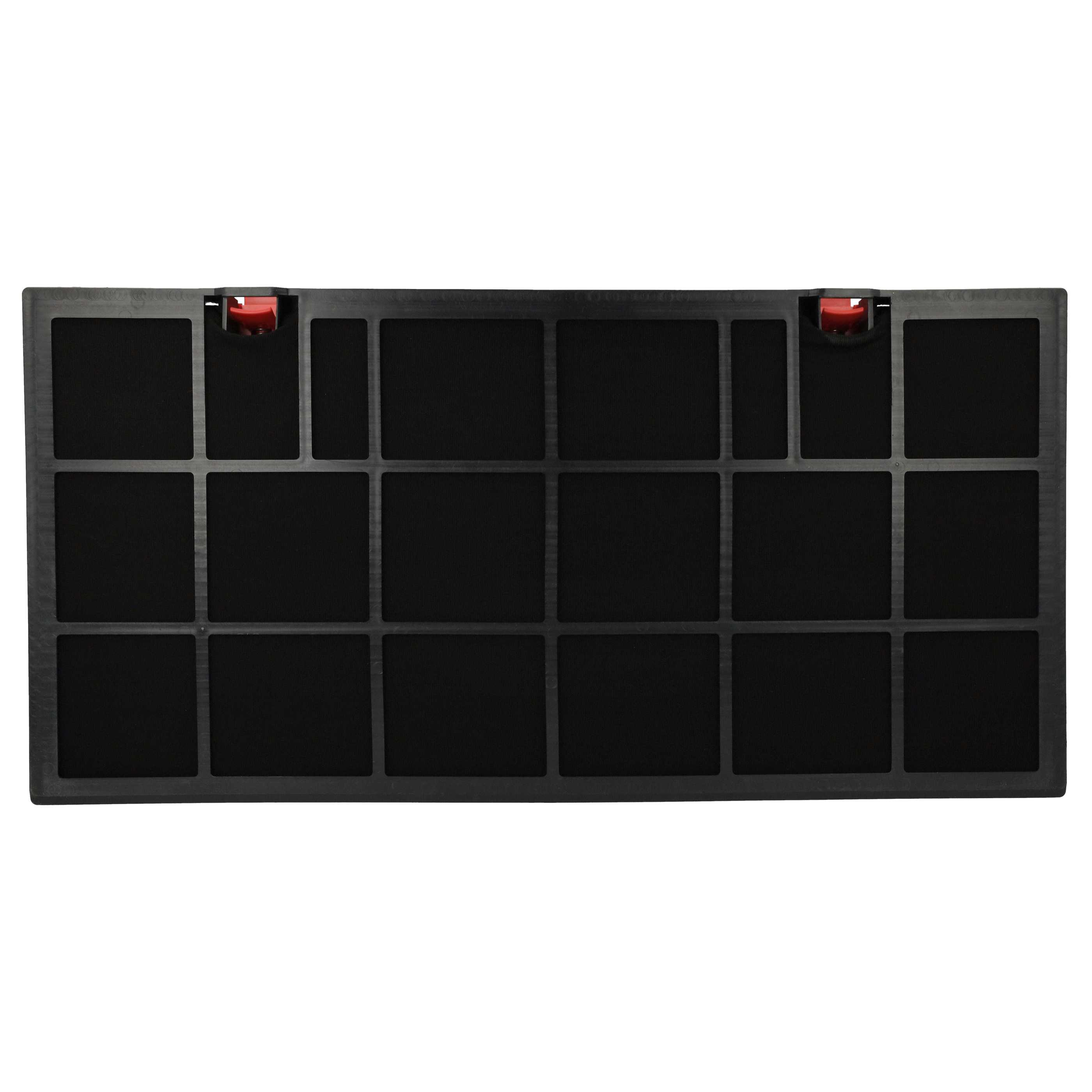 Ein schwarzer rechteckiger Filter mit vielen quadratischen Öffnungen. Rote Clips oben. Weißer Hintergrund.