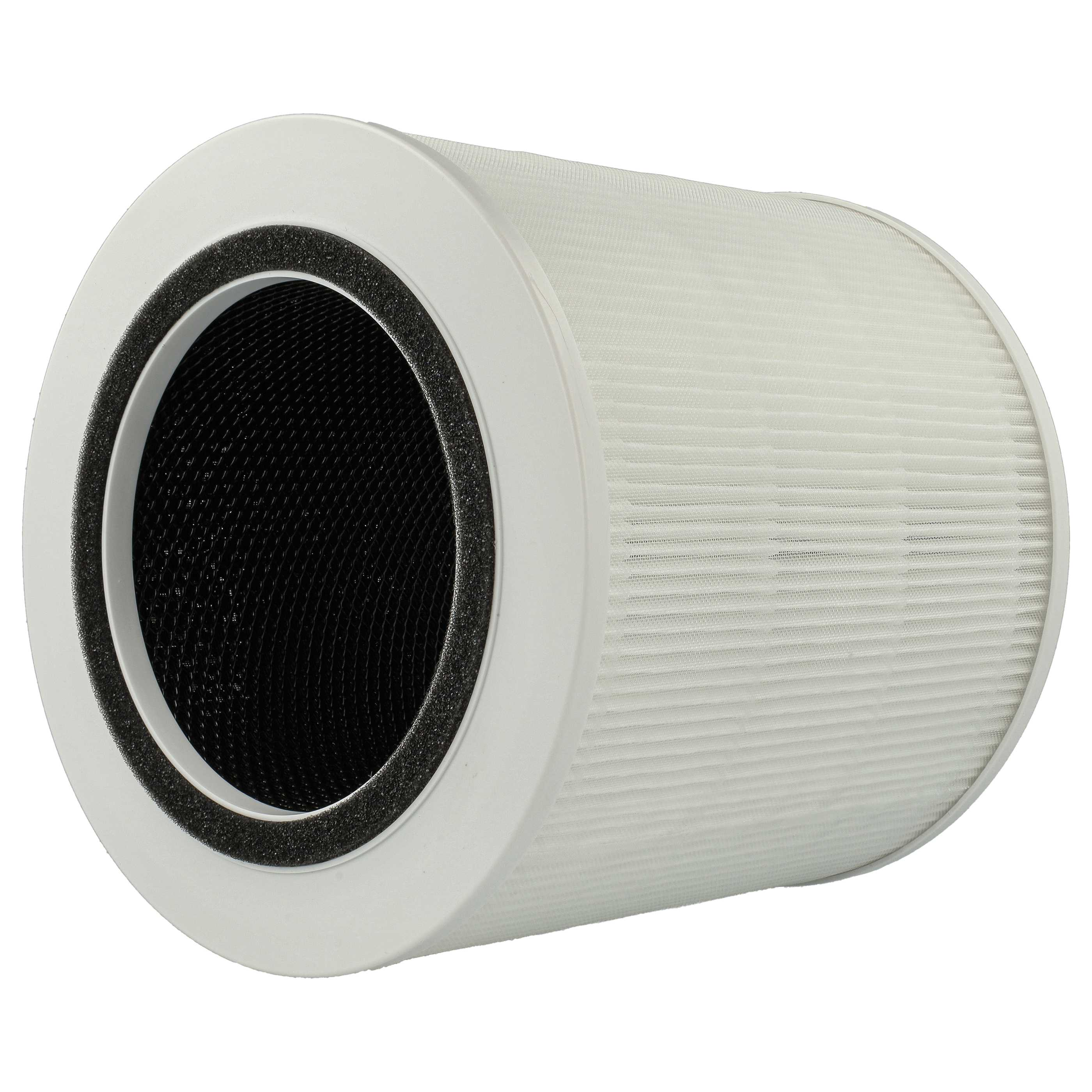 Zylindrischer Luftfilter mit weißem Außengehäuse, schwarzem Innenfilter und schwarzem Schaumstoffring.