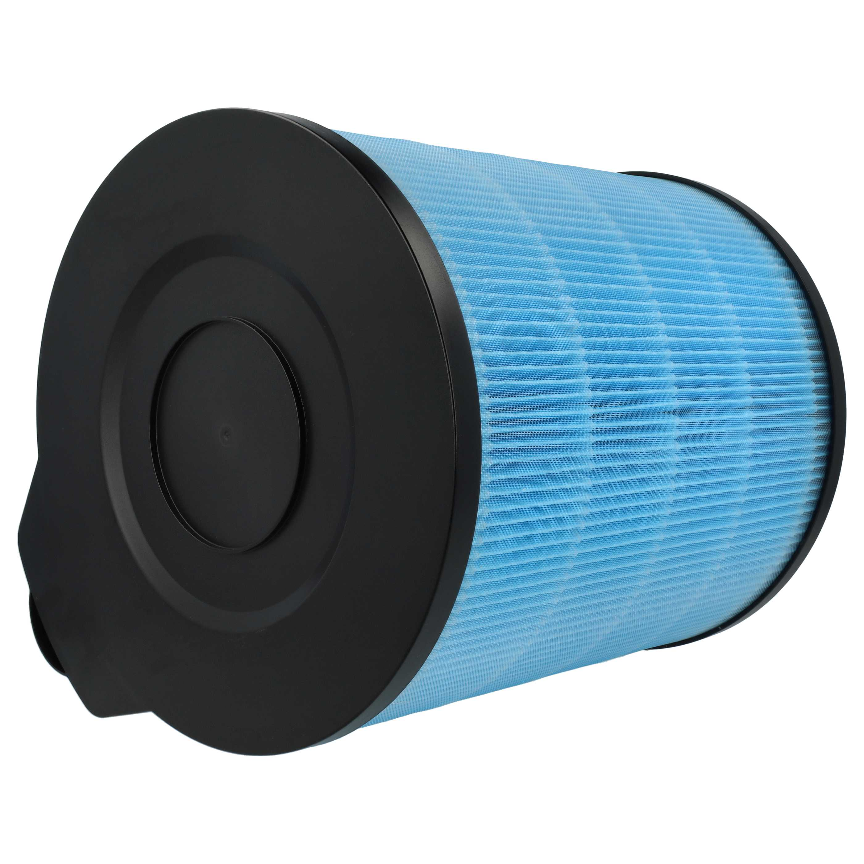 Ein zylindrischer Luftfilter mit blauem, plissiertem Filter und schwarzen Endkappen auf weißem Grund.