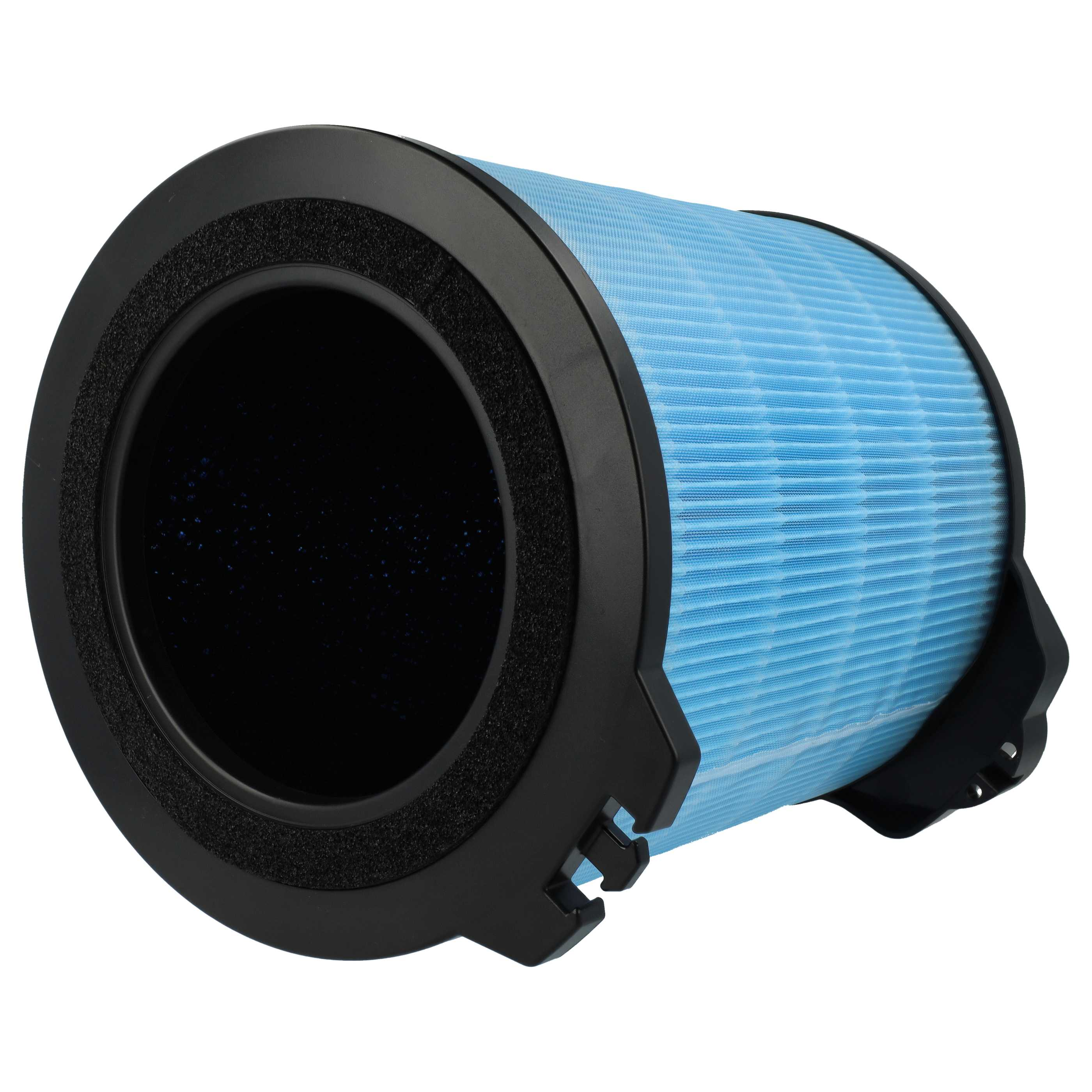 Luftfilter mit blauem Filter und schwarzem Rahmen, freigestellt auf Weiß. Der Filter hat eine zylindrische Form.