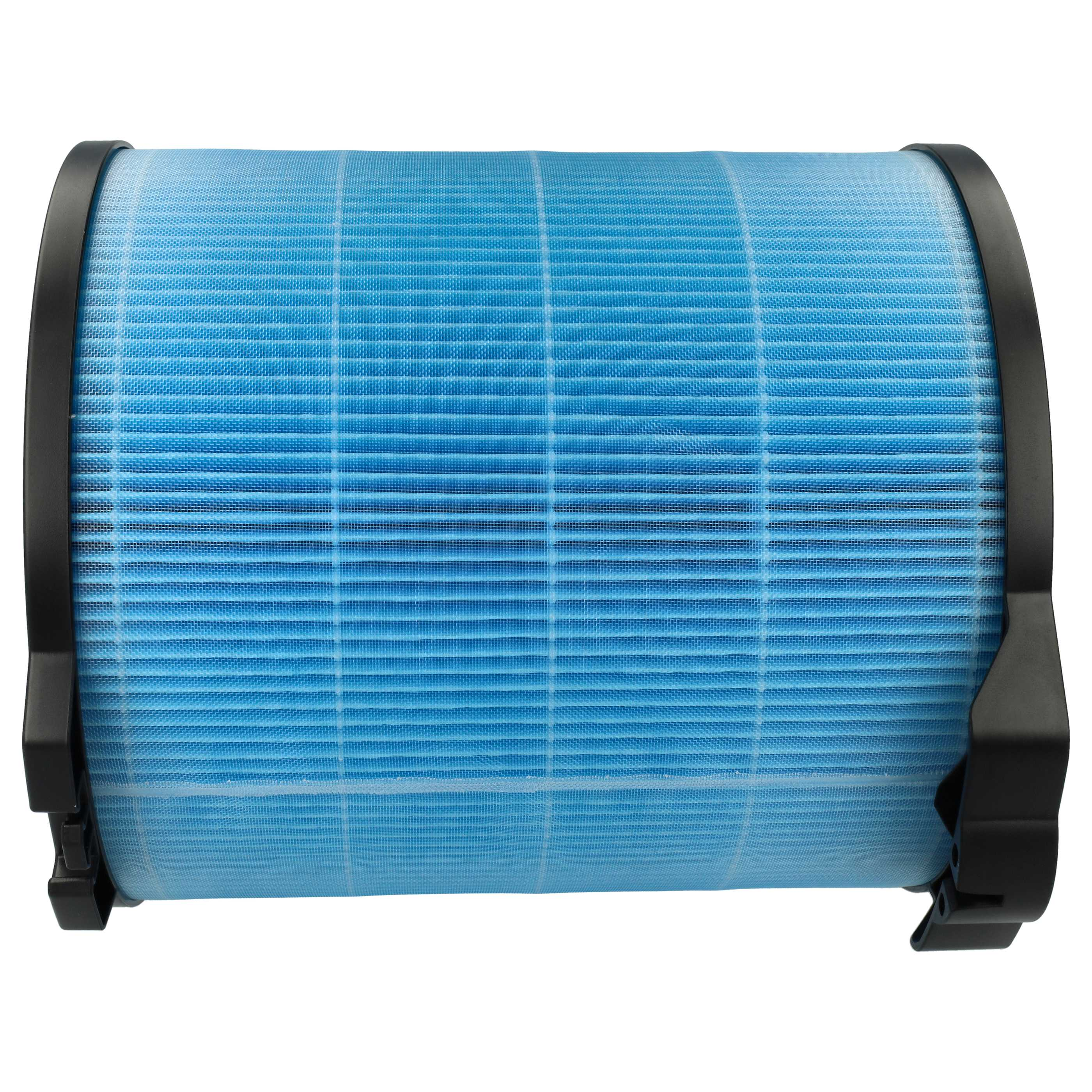 Ein zylindrischer Luftfilter mit blauem Netzwerkkern wird von schwarzen Kunststoffklemmen gehalten.