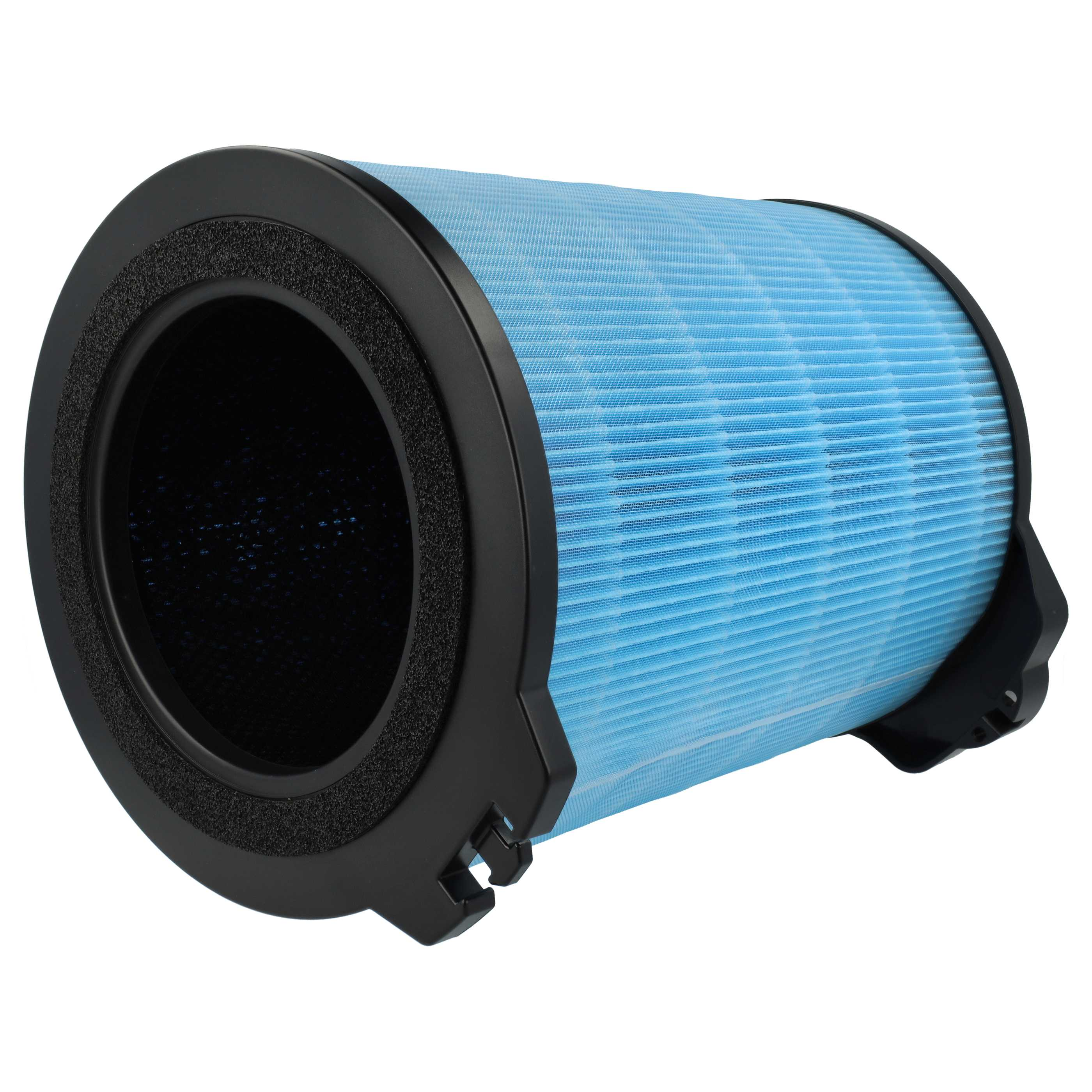 Ein zylindrischer Luftfilter. Er hat einen blauen, plissierten Filter und einen schwarzen Rahmen.