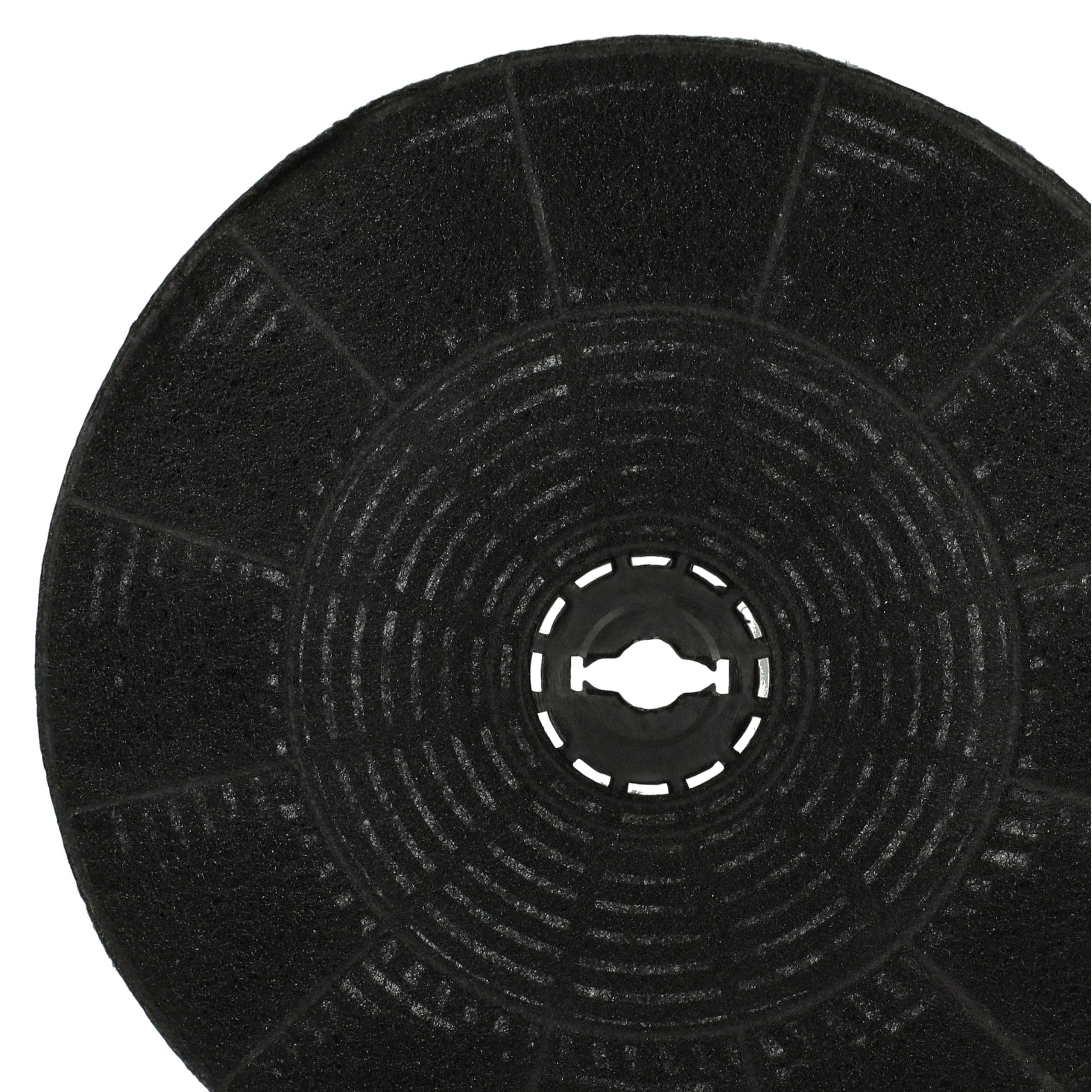 Nahaufnahme eines schwarzen, kreisförmigen Luftfilters mit radialen Mustern. Er hat ein zentrales Loch und einen weißen Hintergrund.