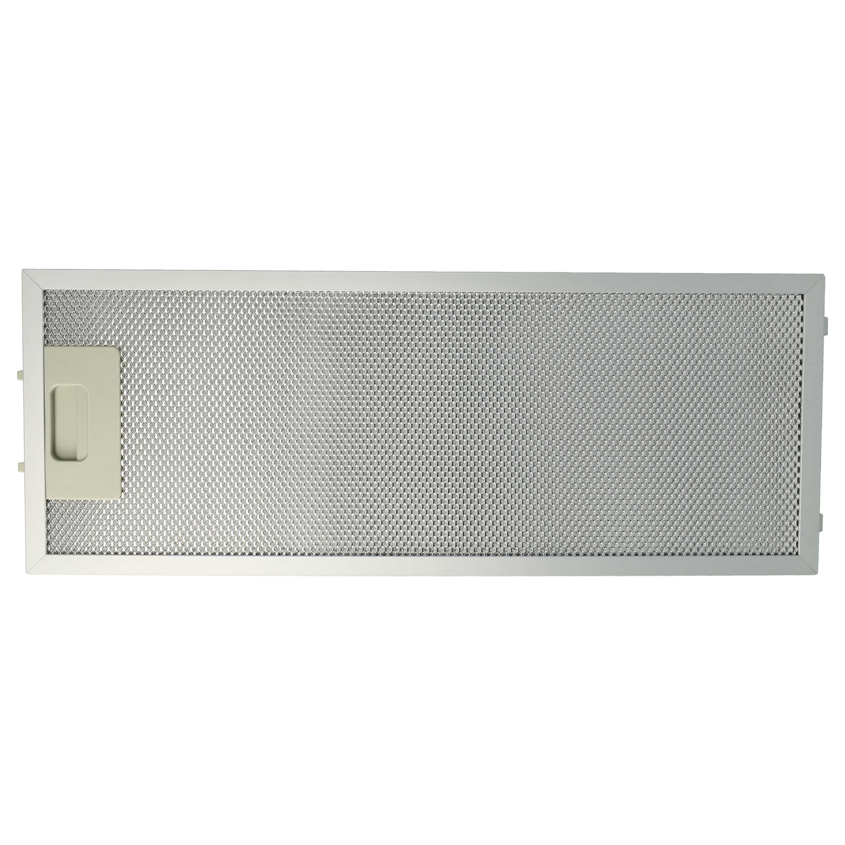 Ein rechteckiger Metall-Dunstabzugsfilter. Es ist silberfarben mit einem Mesh-Design und einem beigen Griff links.