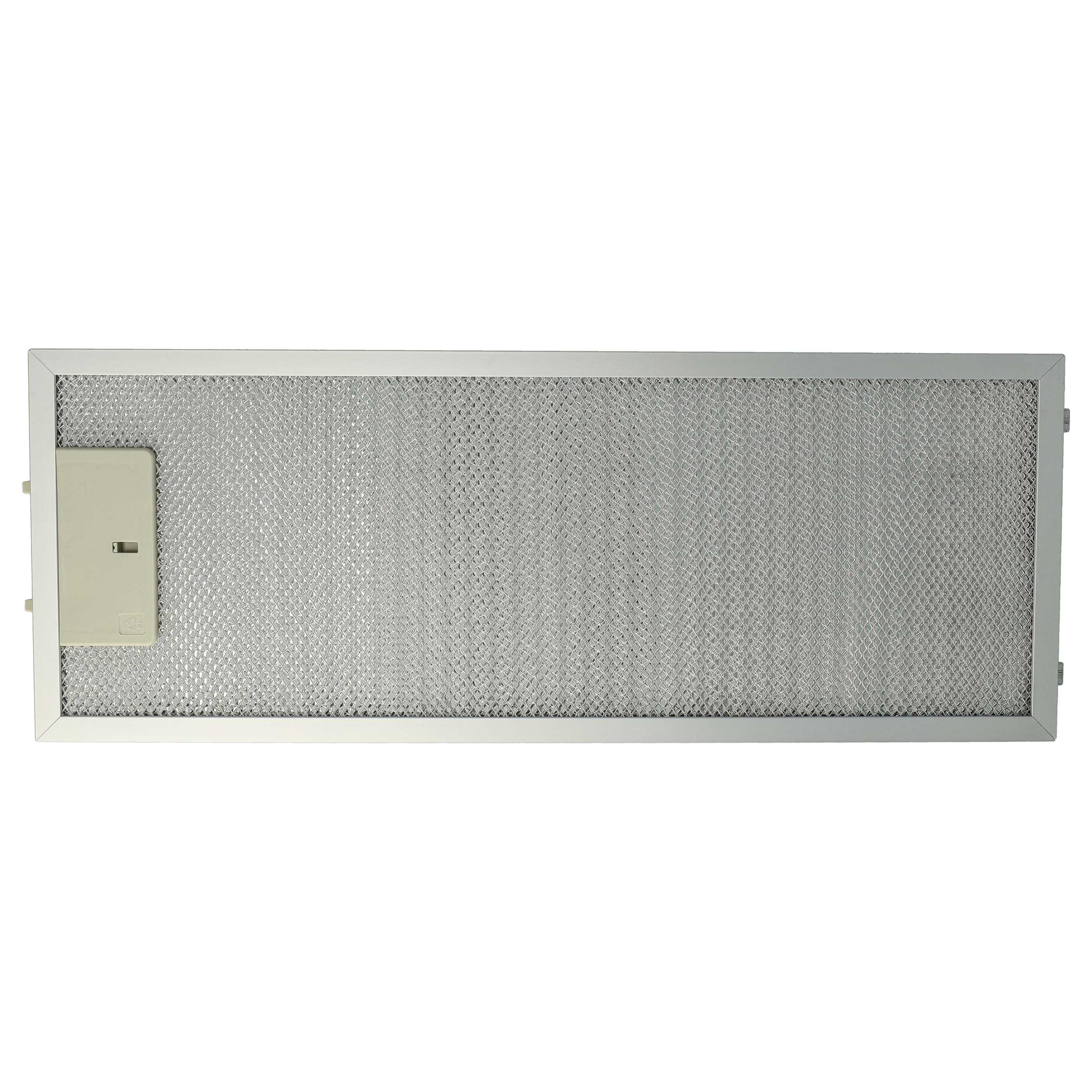Ein rechteckiger Metall-Dunstabzugsfilter mit feinem Maschenwerk. Auf der linken Seite befindet sich ein beiges Kunststoffteil.