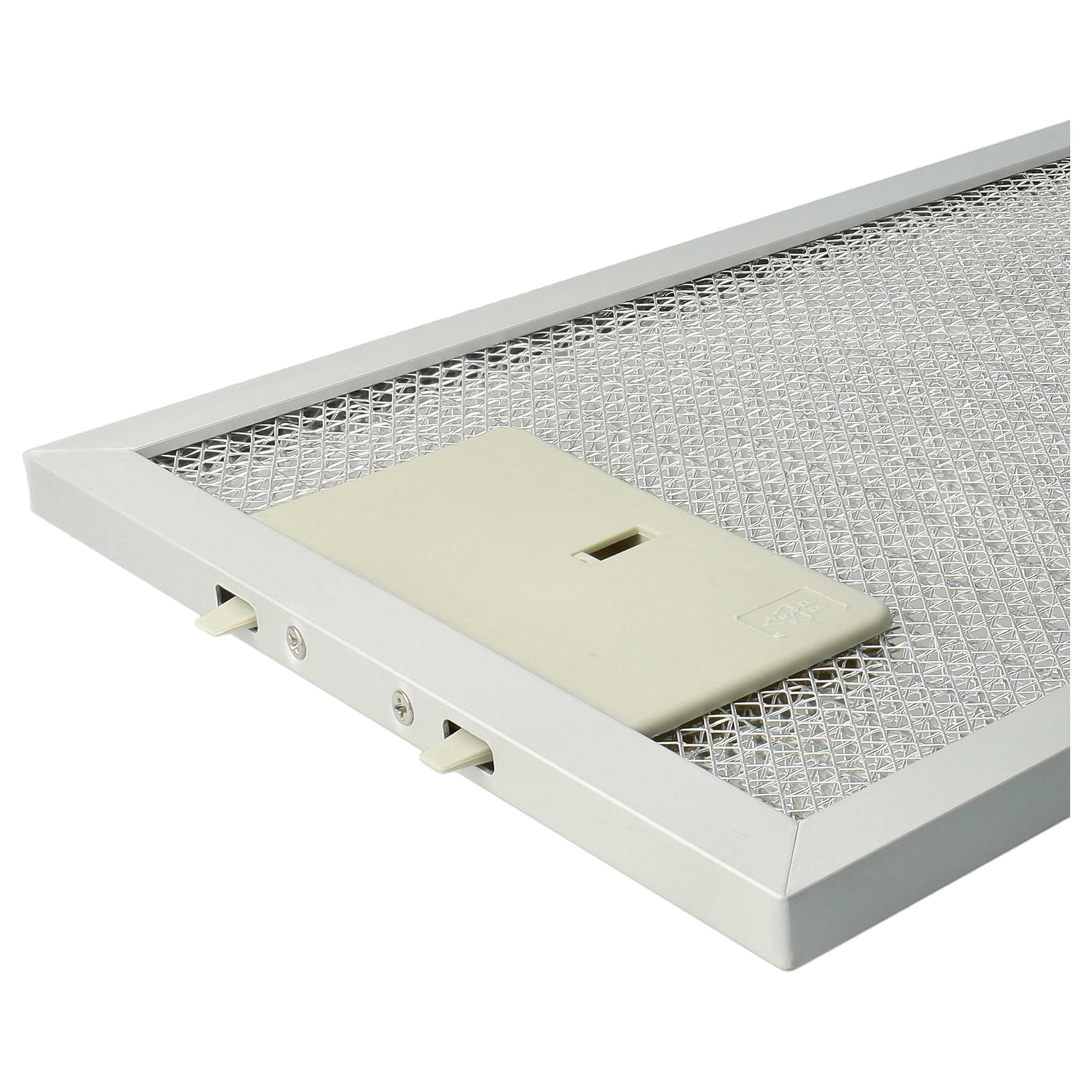 Nahaufnahme eines Dunstabzugsfilter. Es hat ein Metallgitter, einen weißen Rahmen und eine beige Kunststoffabdeckung.