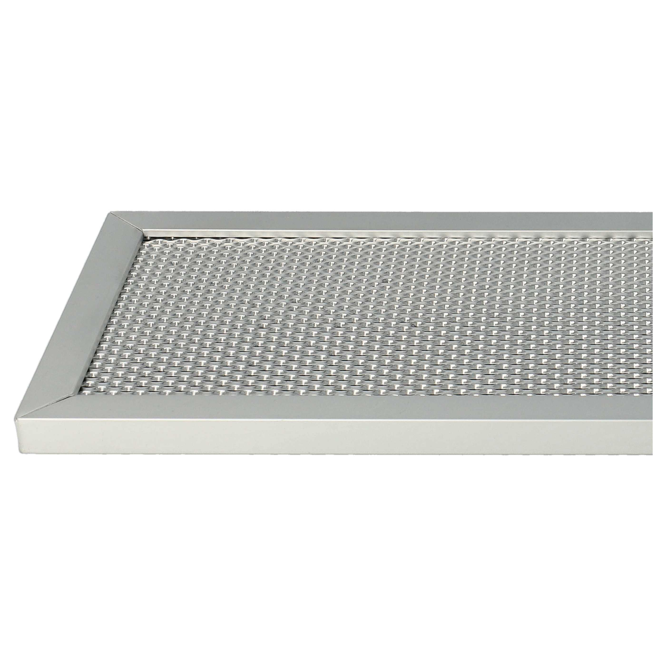 Nahaufnahme eines Metallgitterfilters mit silbernem Rahmen auf weißem Hintergrund. Das Gitter hat ein sich wiederholendes Muster.