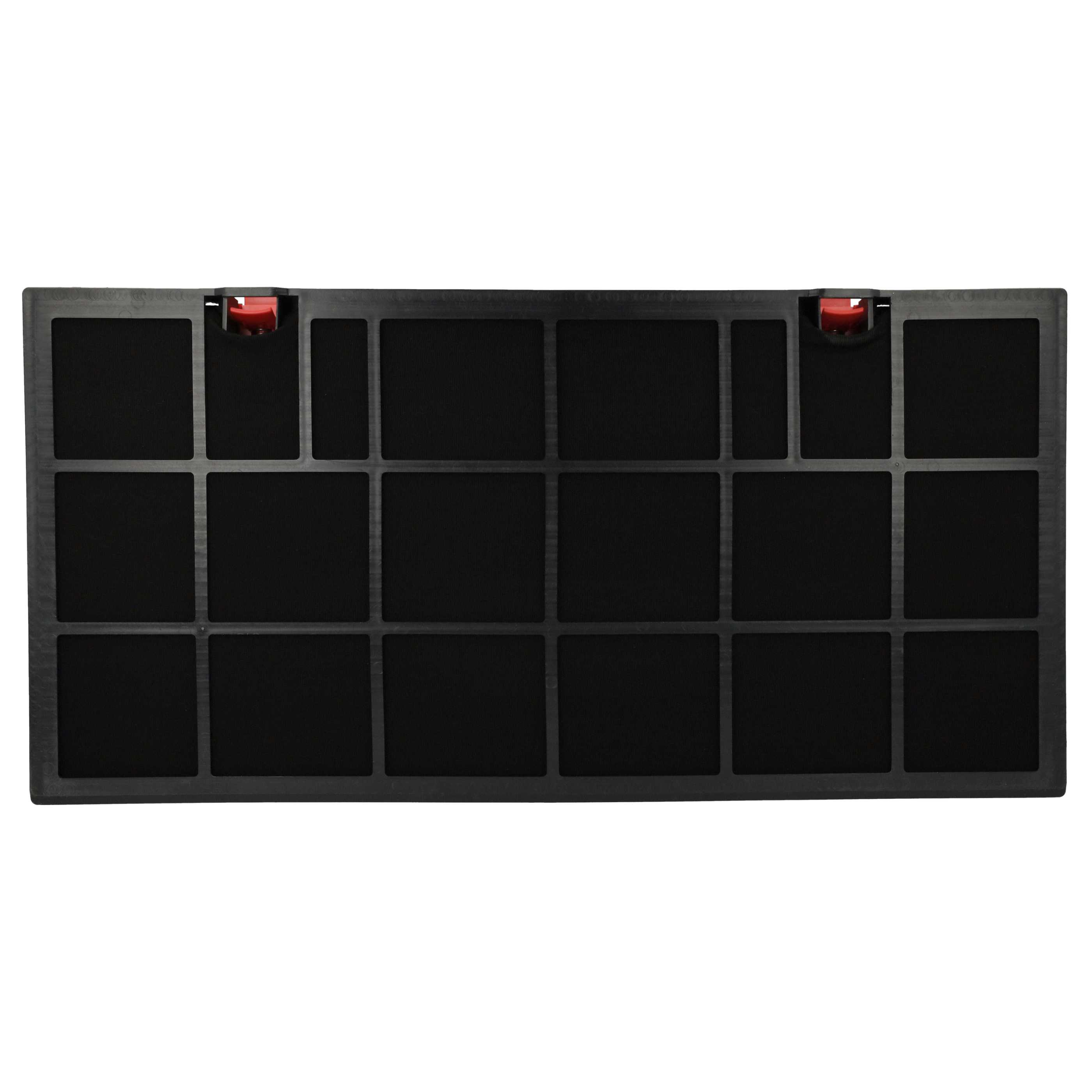 Ein schwarzer Luftfilter mit vielen quadratischen Öffnungen. Oben sind zwei rote Verriegelungen zu sehen.