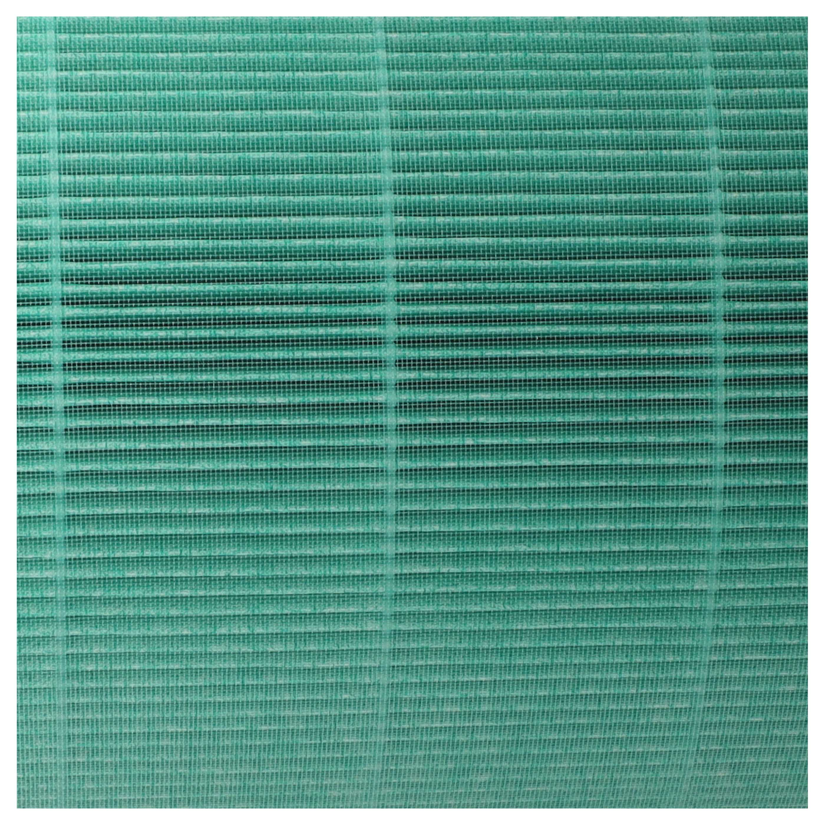 Nahaufnahme eines grünen Netzmaterials mit horizontalen Linien und vertikalen Stützen, die ein gitterartiges Muster bilden.