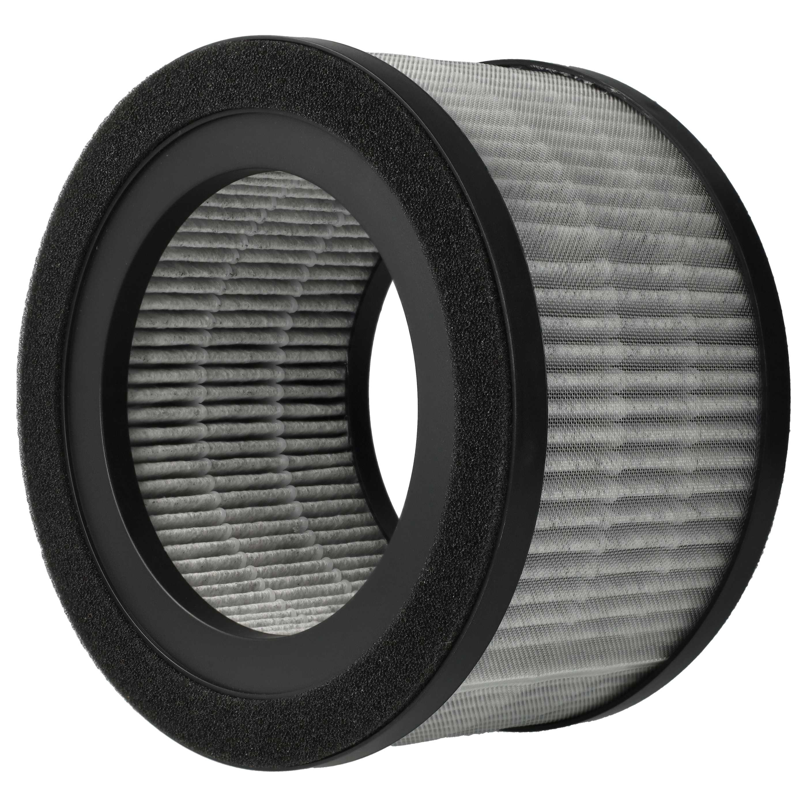 Ein Luftfilter mit schwarzem Rahmen und porösem, hellgrauem Filtermaterial. Der Filter hat eine kreisförmige Form.
