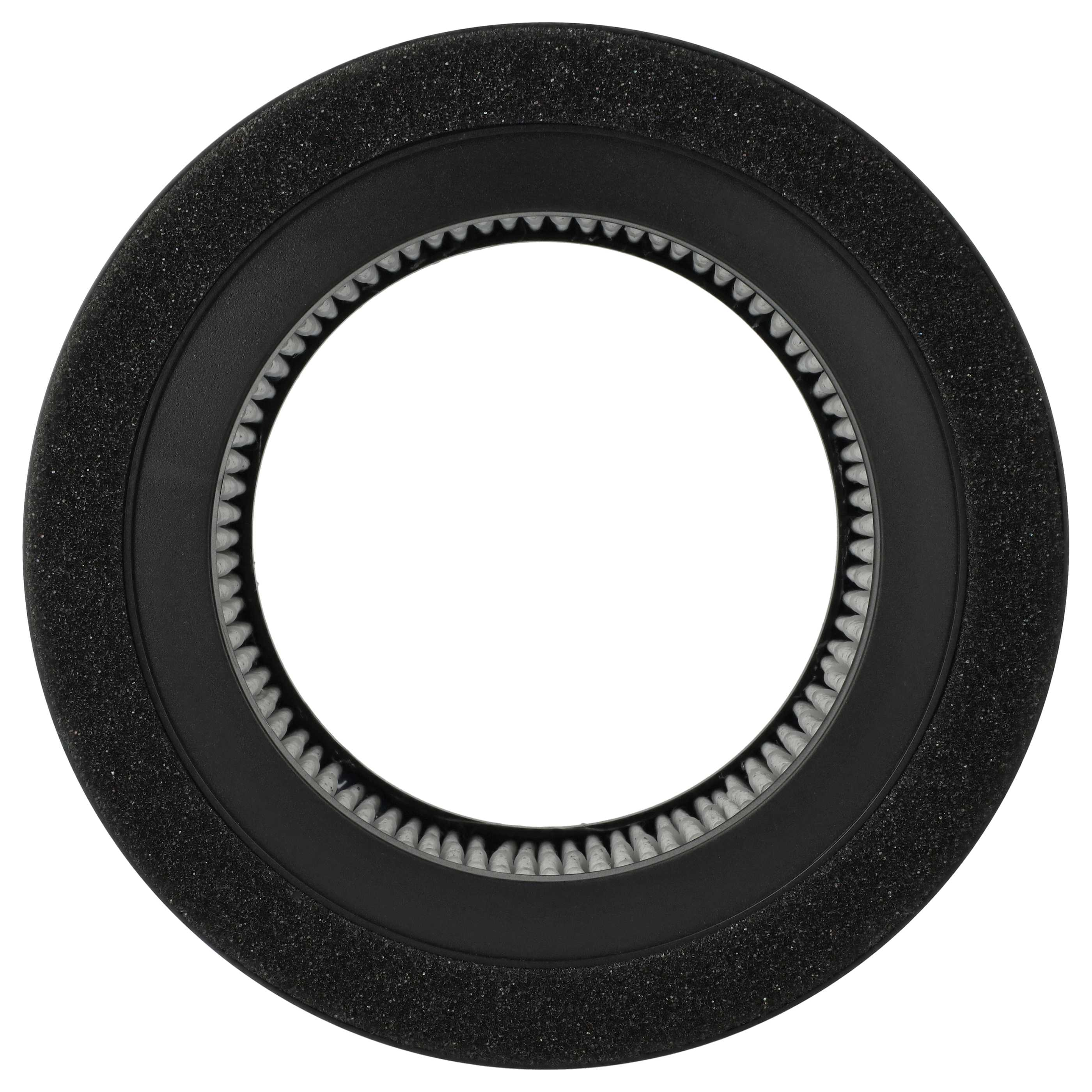 Ein kreisförmiger Luftfilter mit schwarzem Rahmen und schwarzem, porösem Schaumstoffrand. Die Mitte ist weiß und enthält ein gemustertes Filter.