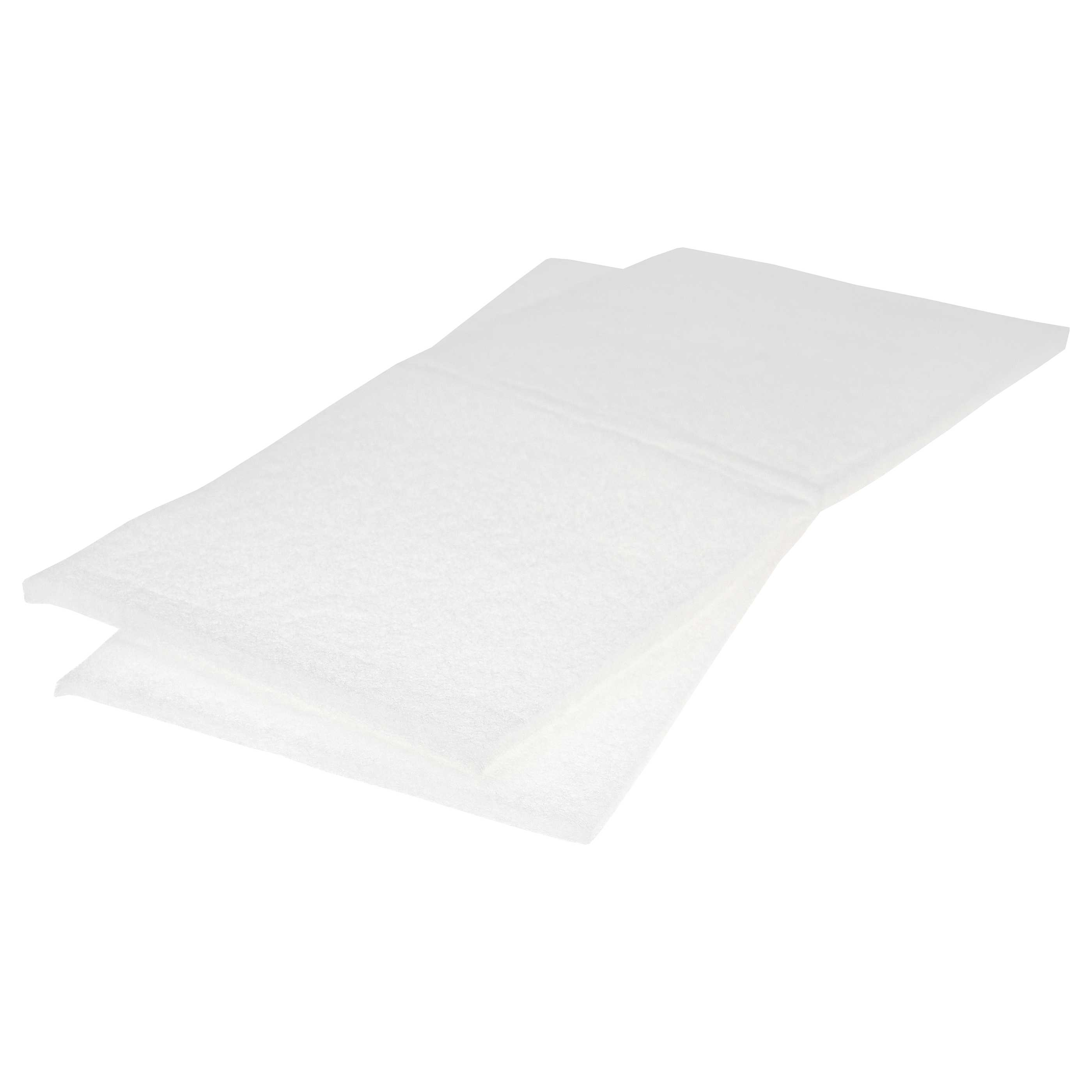 Zwei weiße, gefaltete, saugfähige Pads auf weißem Hintergrund. Die Pads sind rechteckig mit strukturierter Oberfläche.