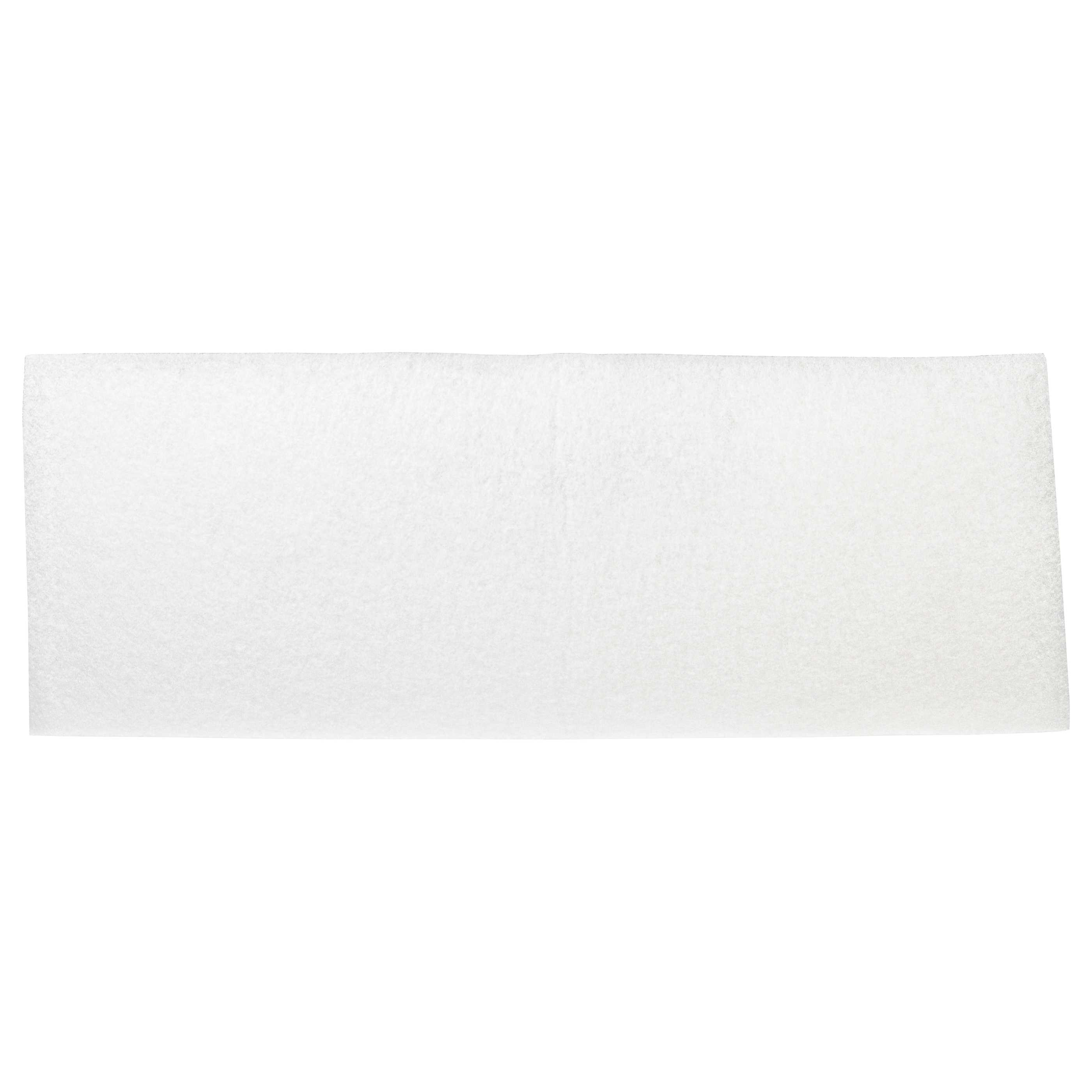 Ein weißes, rechteckiges, strukturiertes Pad auf weißem Hintergrund. Es scheint ein Filter oder saugfähiges Material zu sein.