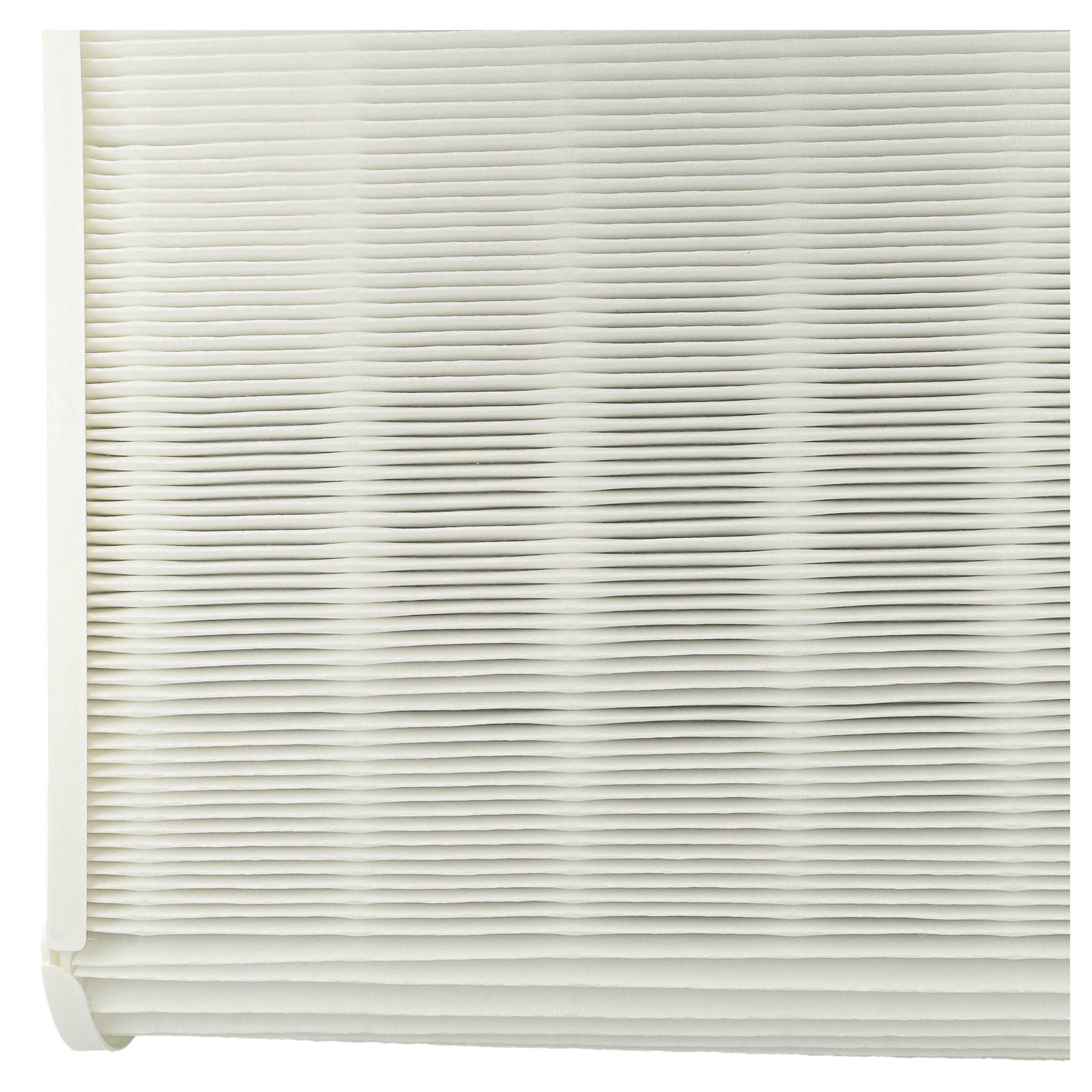 Nahaufnahme eines weißen Luftfilters mit horizontalen, parallelen Rippen. Der Filter ist rechteckig mit weißem Rahmen.
