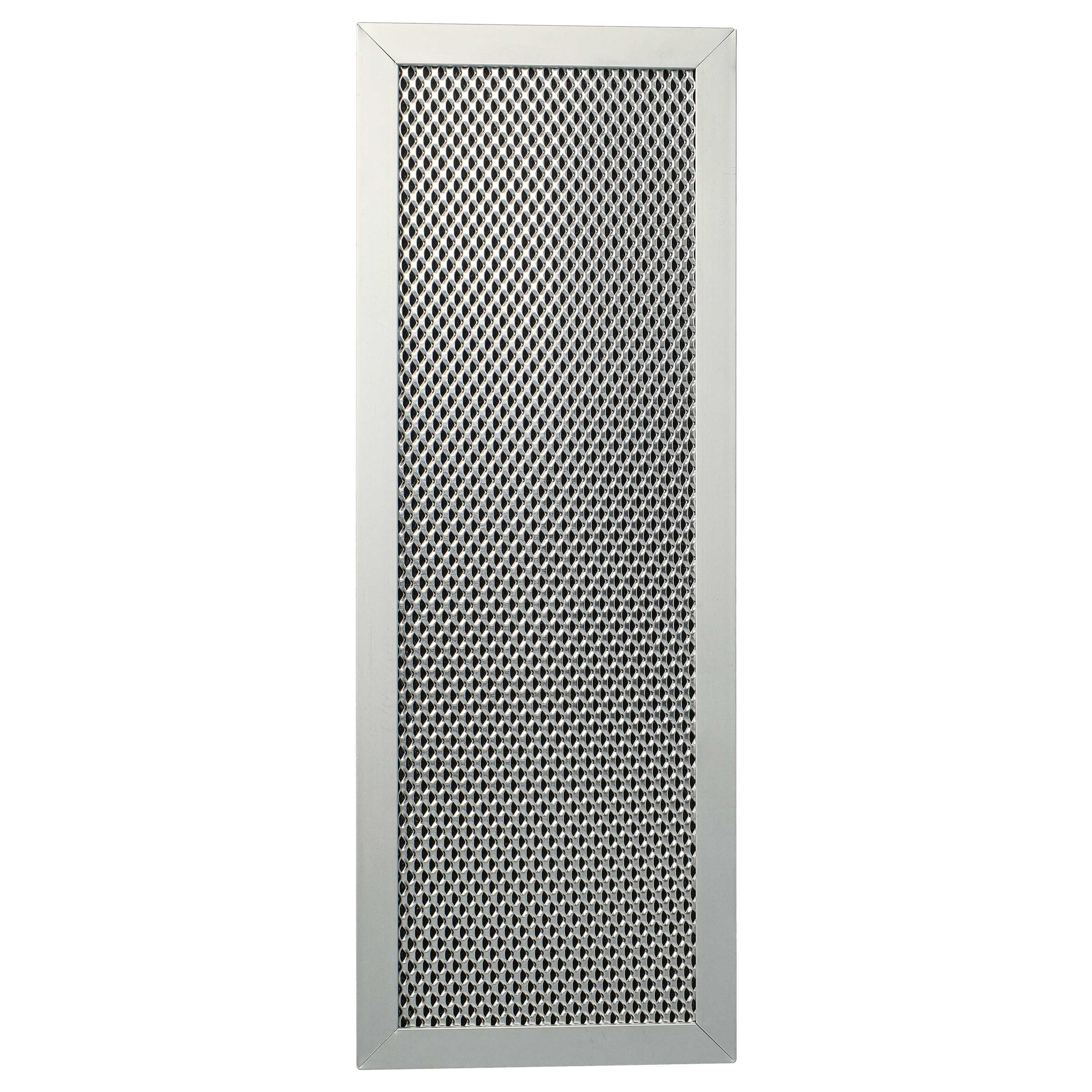 Eine rechteckige Metall-Lüfterabdeckung mit einem Mesh-Muster. Der Rahmen ist silberfarben, der Hintergrund weiß.