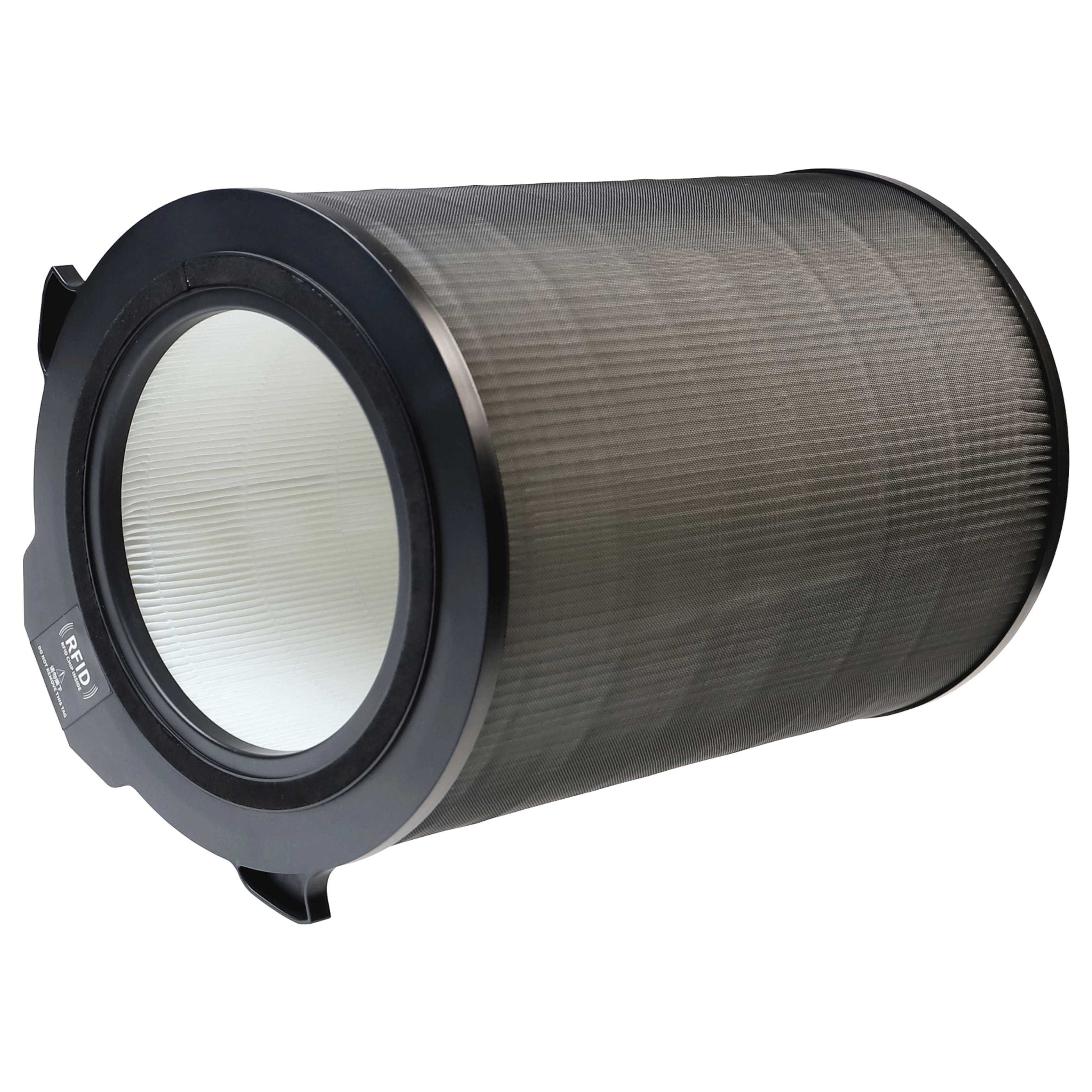 Ein Luftfilter mit zylindrischer Form. Er hat einen weißen Filter im Inneren und eine schwarze, netzartige Außenseite.