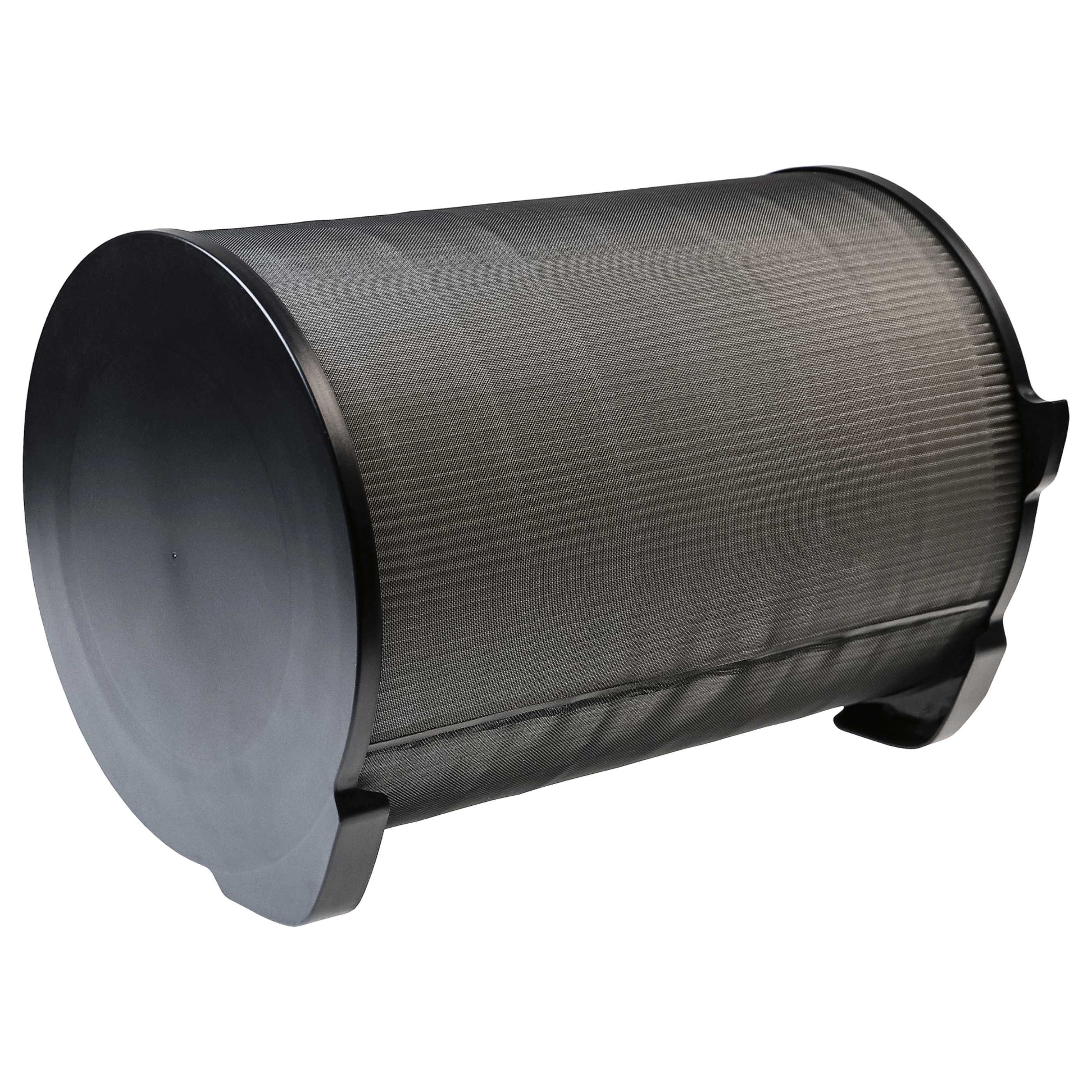 Ein zylindrischer Luftfilter mit Maschenkörper und dunklen Endkappen ist vor weißem Hintergrund isoliert.