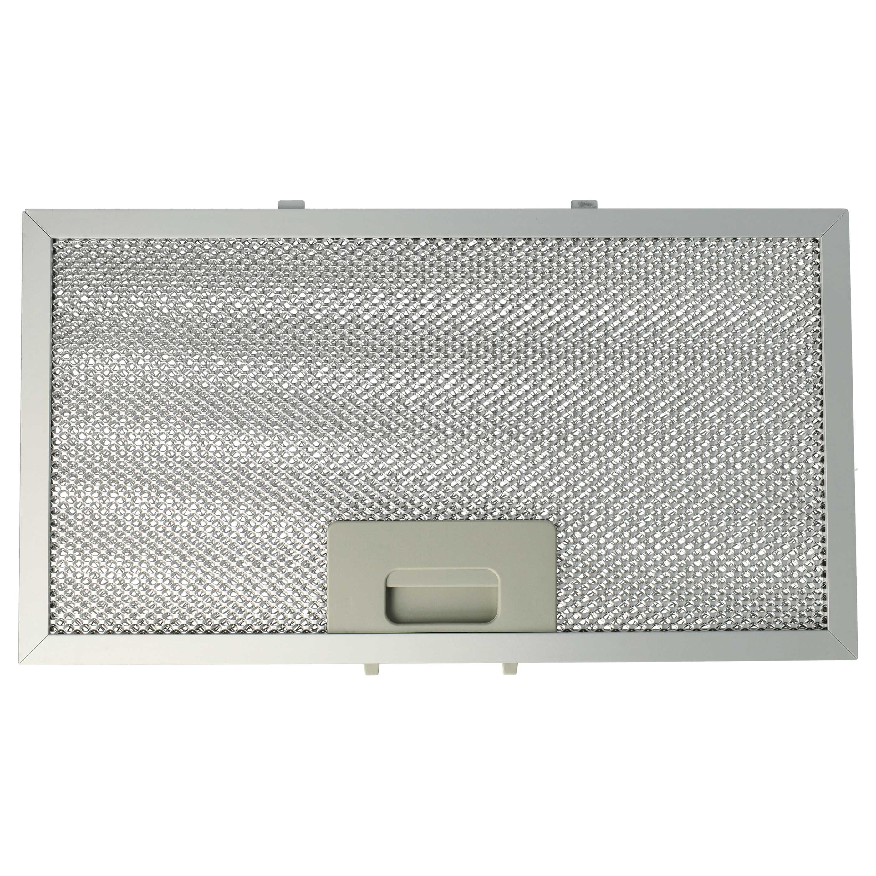 Ein rechteckiger Dunstabzugshaubenfilter. Der Filter hat ein metallisches Netz und einen grauen Griff in der Mitte. Der Rahmen ist ebenfalls grau.