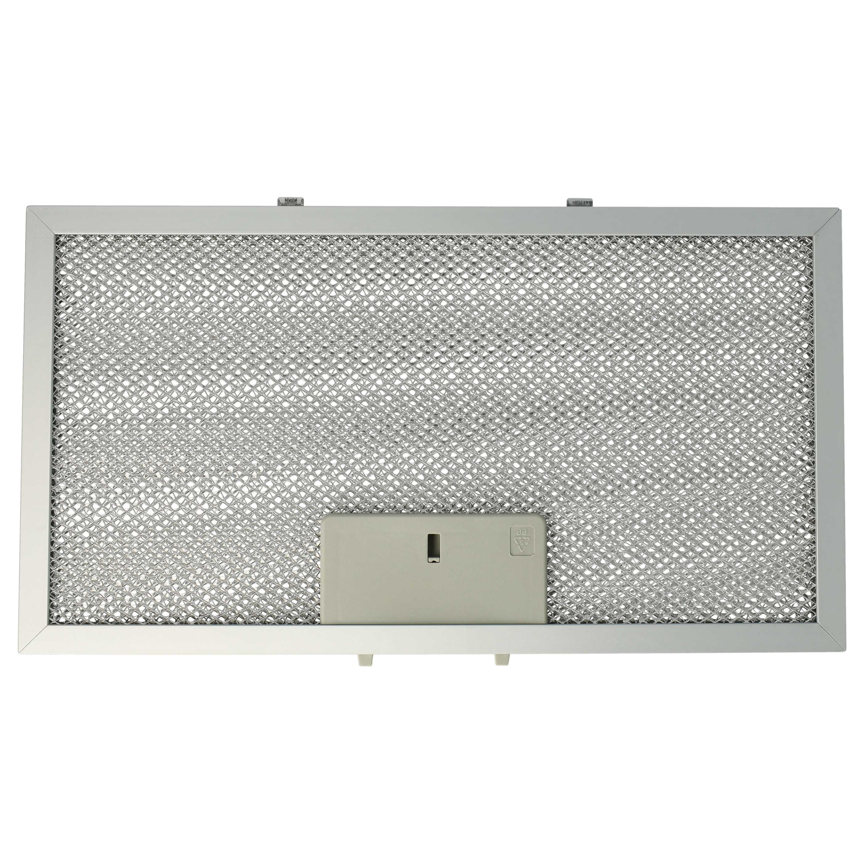 Ein metallischer Dunstabzugsfilter. Es hat ein silbernes Maschendesign und eine rechteckige Form mit einer Kunststoffkomponente in der Mitte.