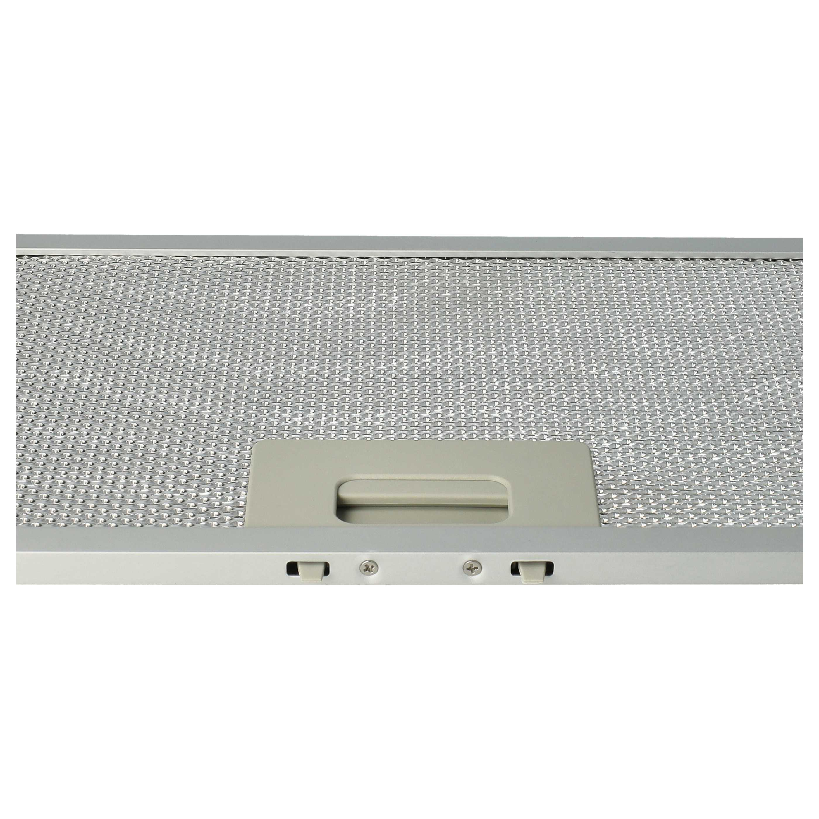 Nahaufnahme eines metallischen Dunstabzugsfilter. Der Filter hat ein feines Maschenmuster mit einem grauen Griff.