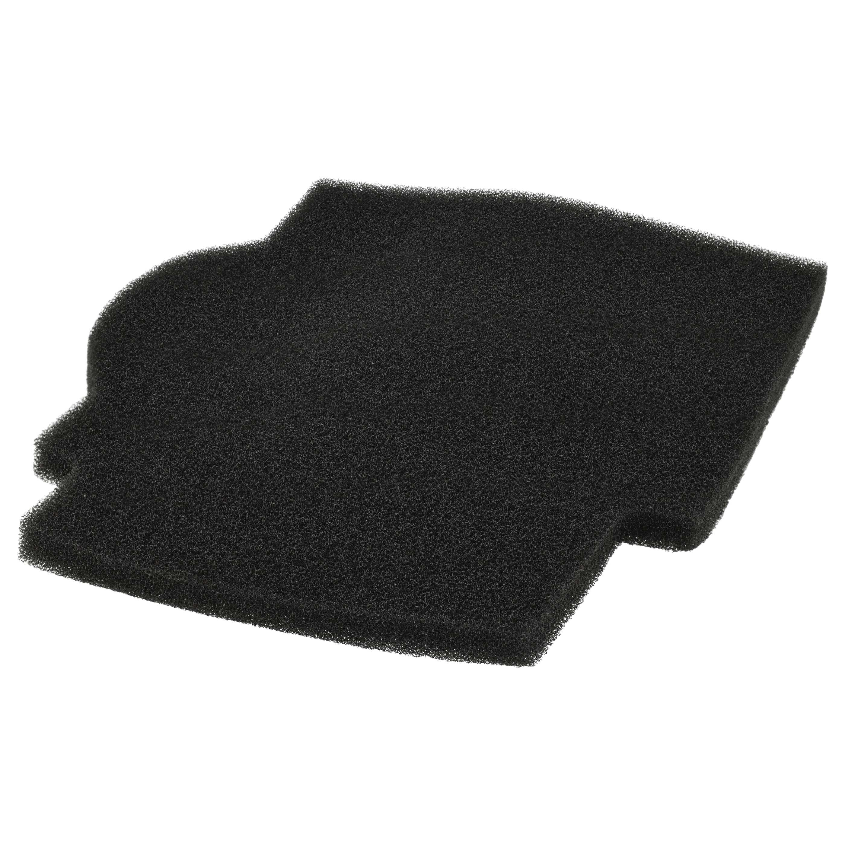 Ein schwarzer Schaumstofffilter mit gebogener Kante links liegt vor weißem Hintergrund. Der Schaumstoff hat eine poröse Textur.
