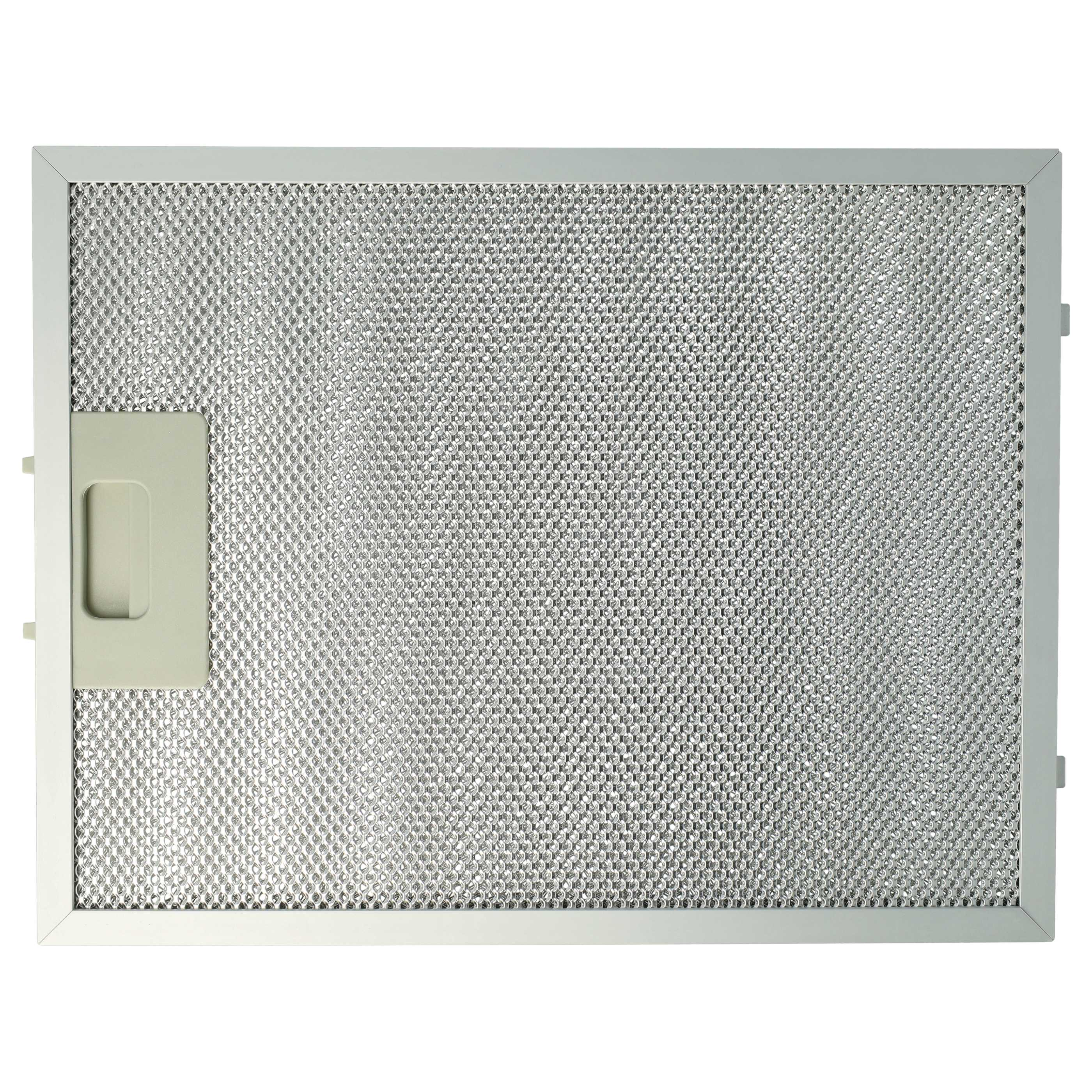 Ein rechteckiger Metallgitterfilter mit Griff links. Er hat einen silbernen Rahmen und ein Maschenmuster.