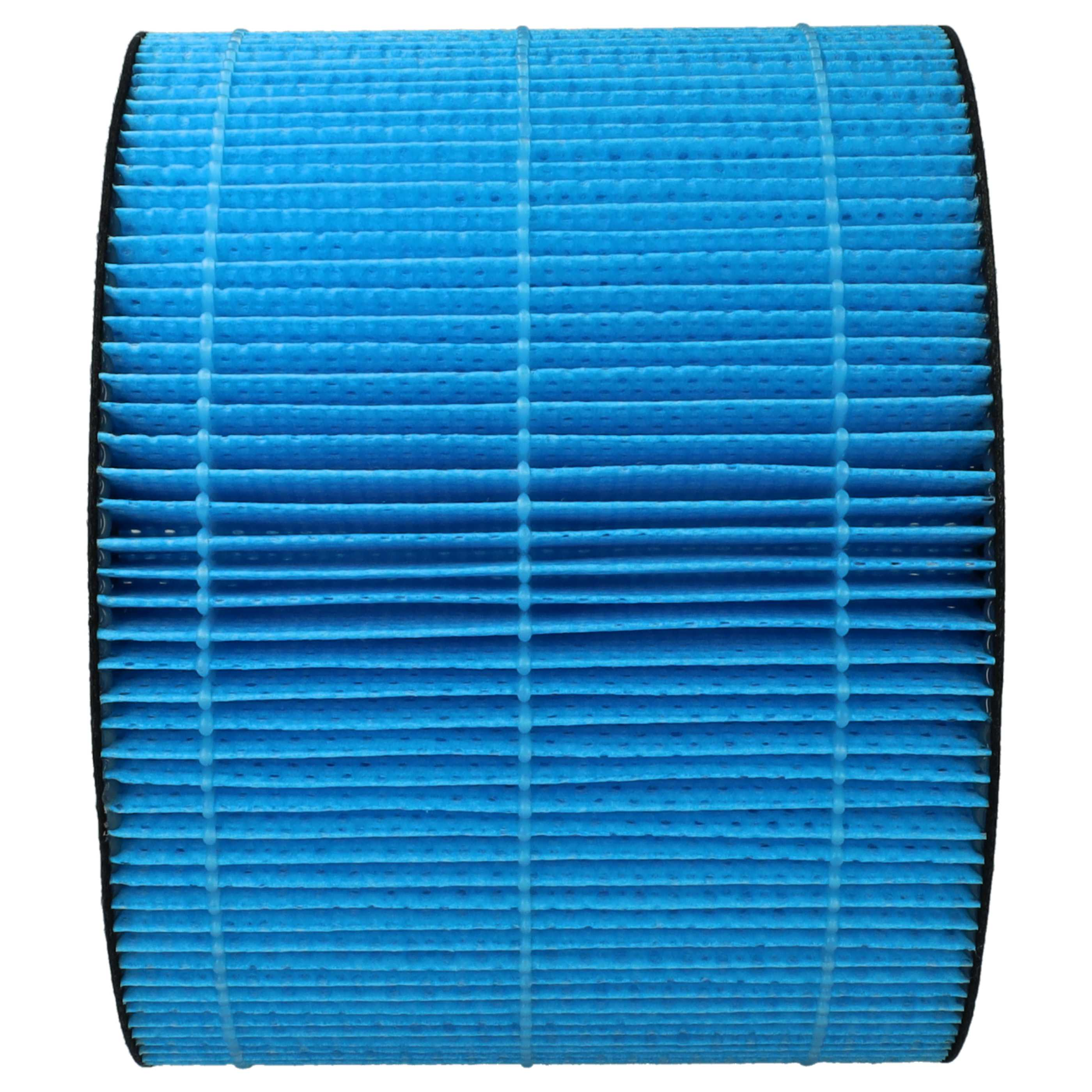 Nahaufnahme eines zylindrischen Luftfilters. Es hat blaues, plissiertes Material in einem schwarzen Rahmen mit weißem Hintergrund.