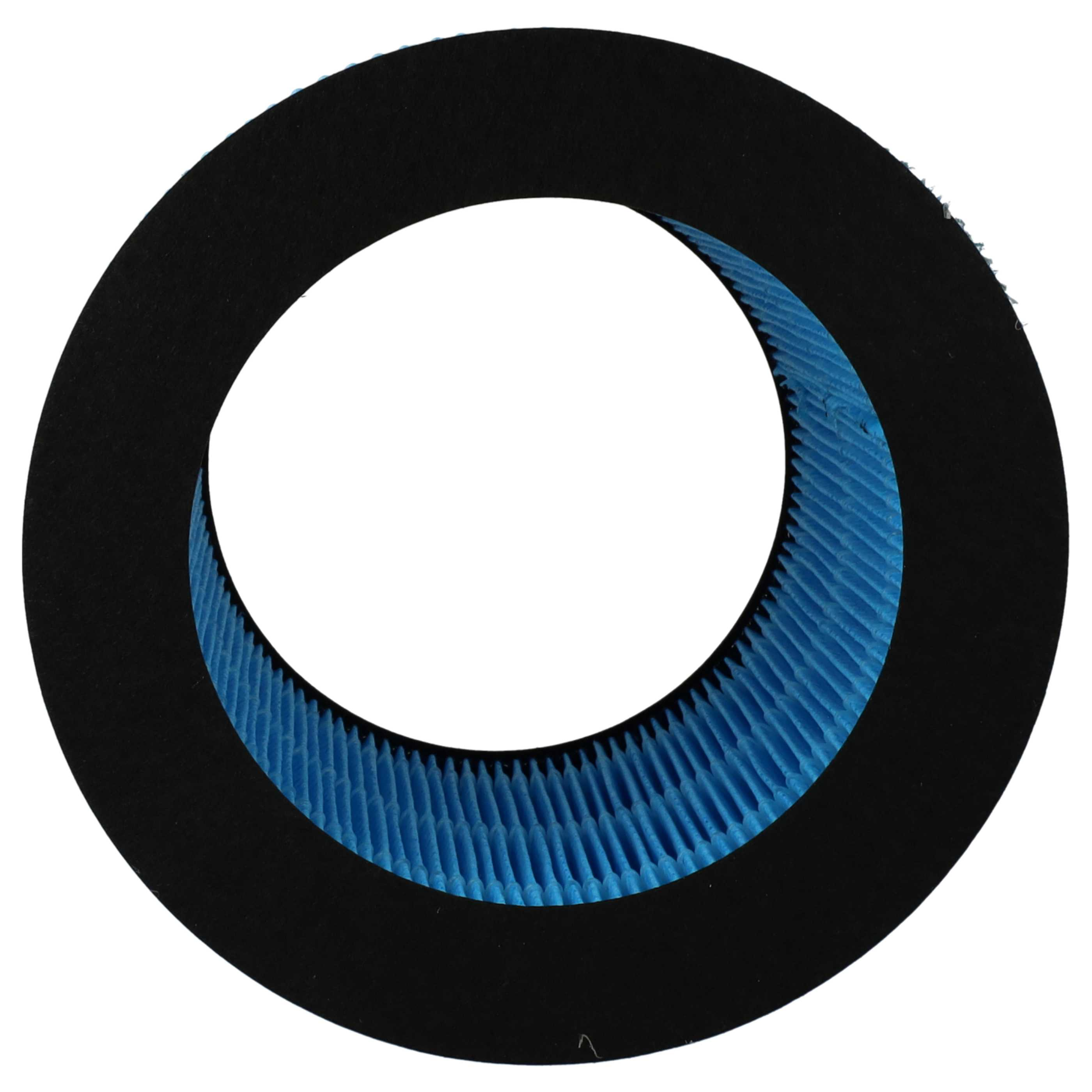 Ein kreisförmiger Luftfilter mit einem schwarzen Außenring und einem blauen, plissierten Innenfilter auf weißem Grund.