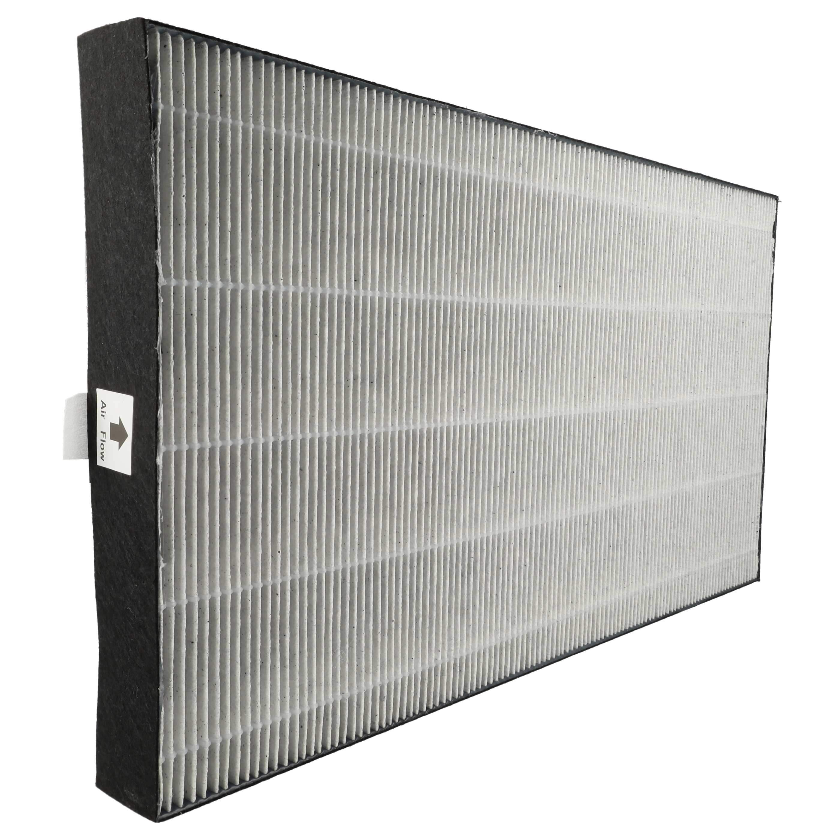 Ein Luftfilter. Er hat einen weißen, gefalteten Filter in einem dunkelgrauen Rahmen. Auf der Seite befindet sich ein Aufkleber 'Air Flow'.