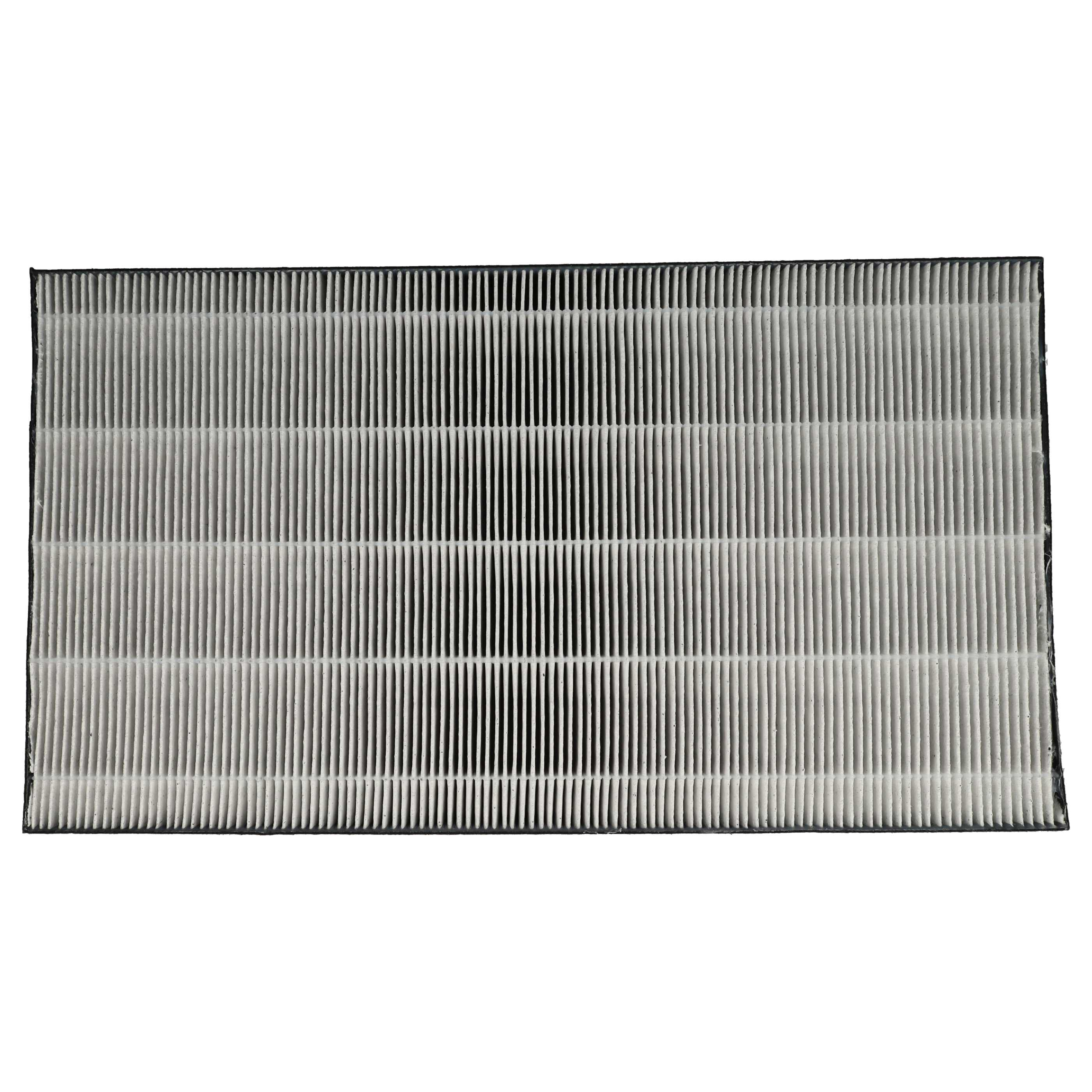 Ein Luftfilter mit schwarzem Rahmen. Der Filter hat viele vertikale, parallele, weiße Rippen.