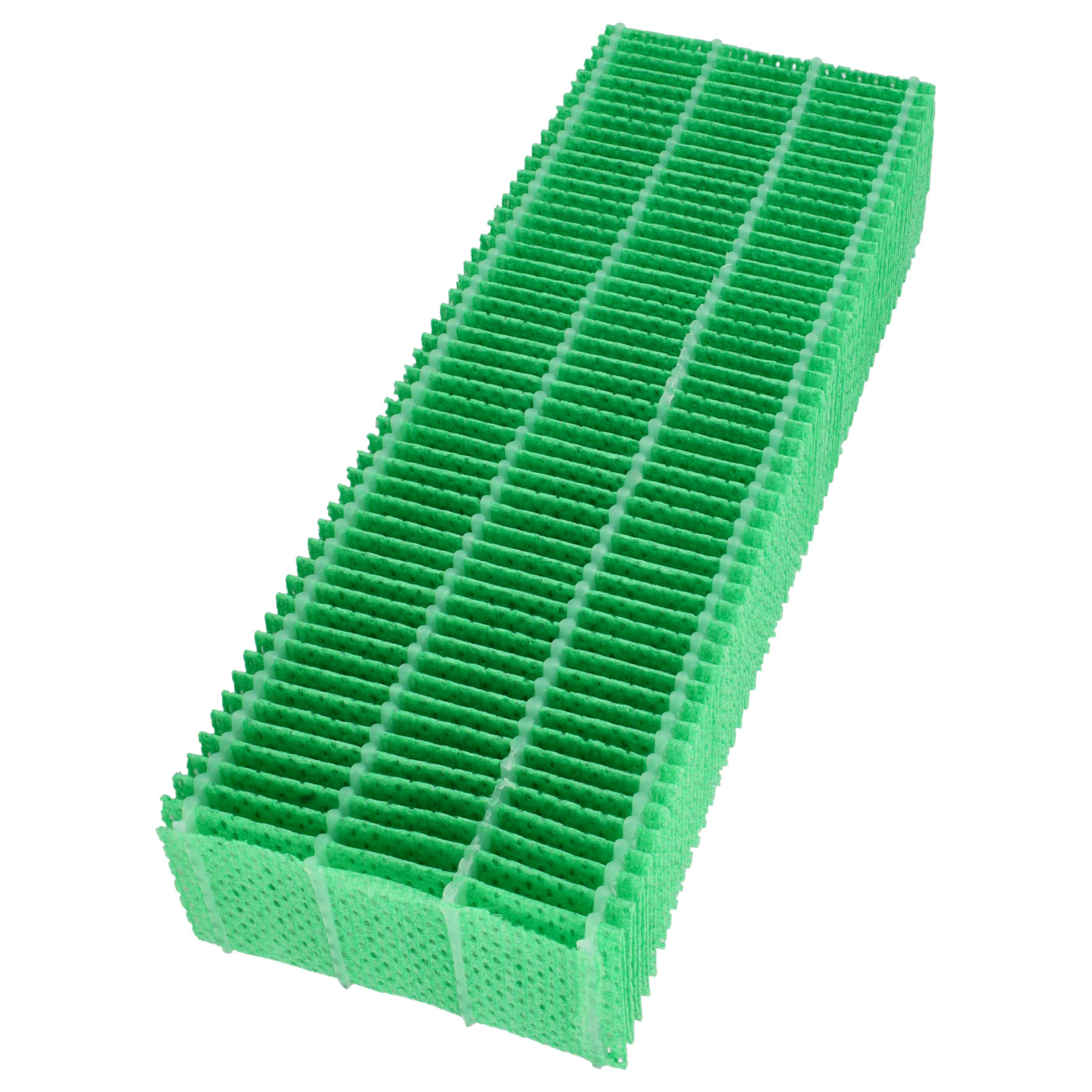 Grüner, rechteckiger Luftfilter mit vielen parallelen, wellenförmigen Schichten. Weißer Hintergrund.