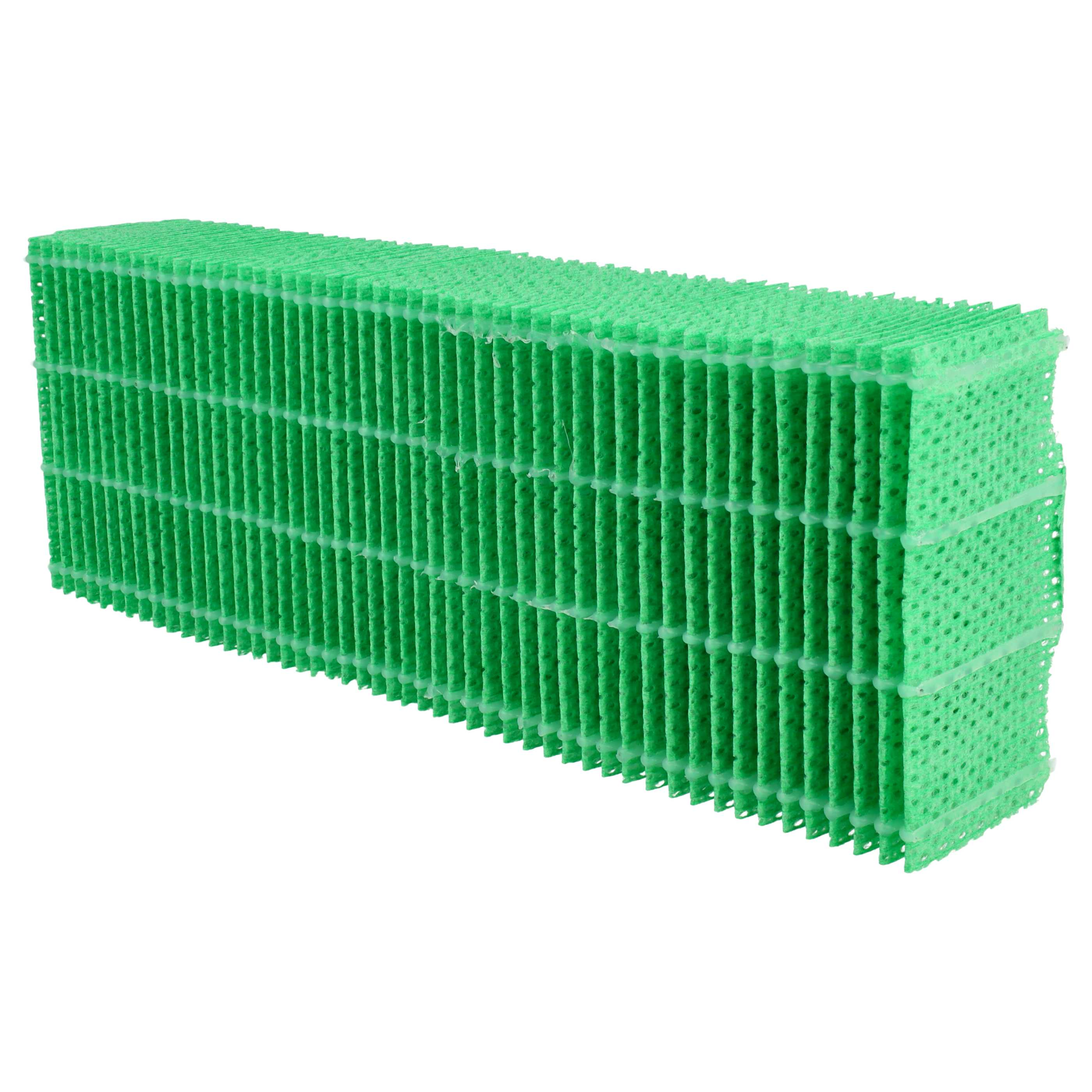 Ein rechteckiger grüner Luftfilter. Es hat eine gitterartige Struktur mit vertikalen Linien und kleinen Löchern.