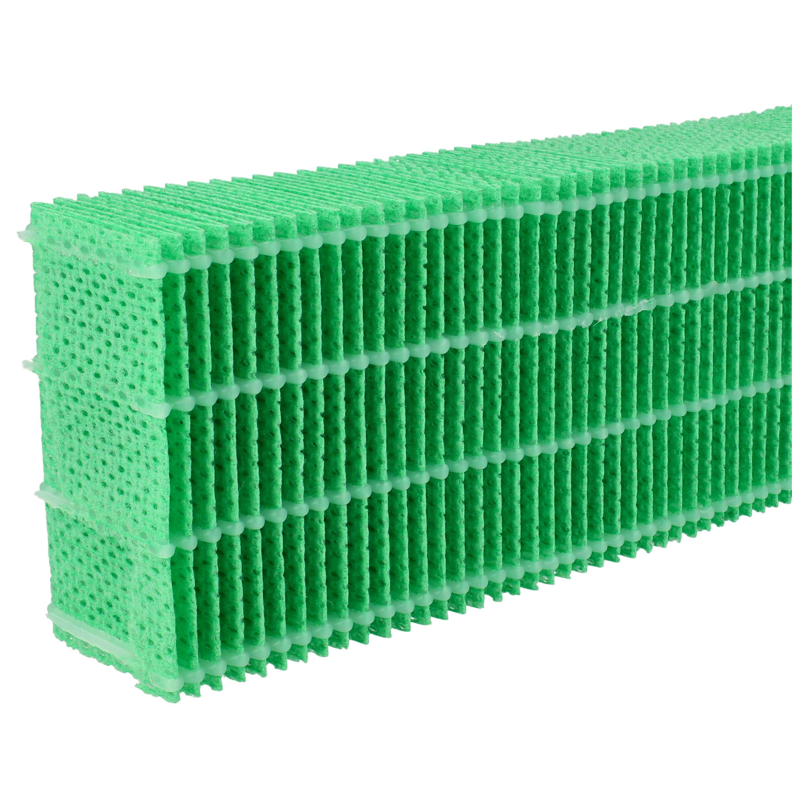 Ein rechteckiger grüner Filter mit Wabenstruktur und weißen Kunststoffstützen auf weißem Hintergrund.