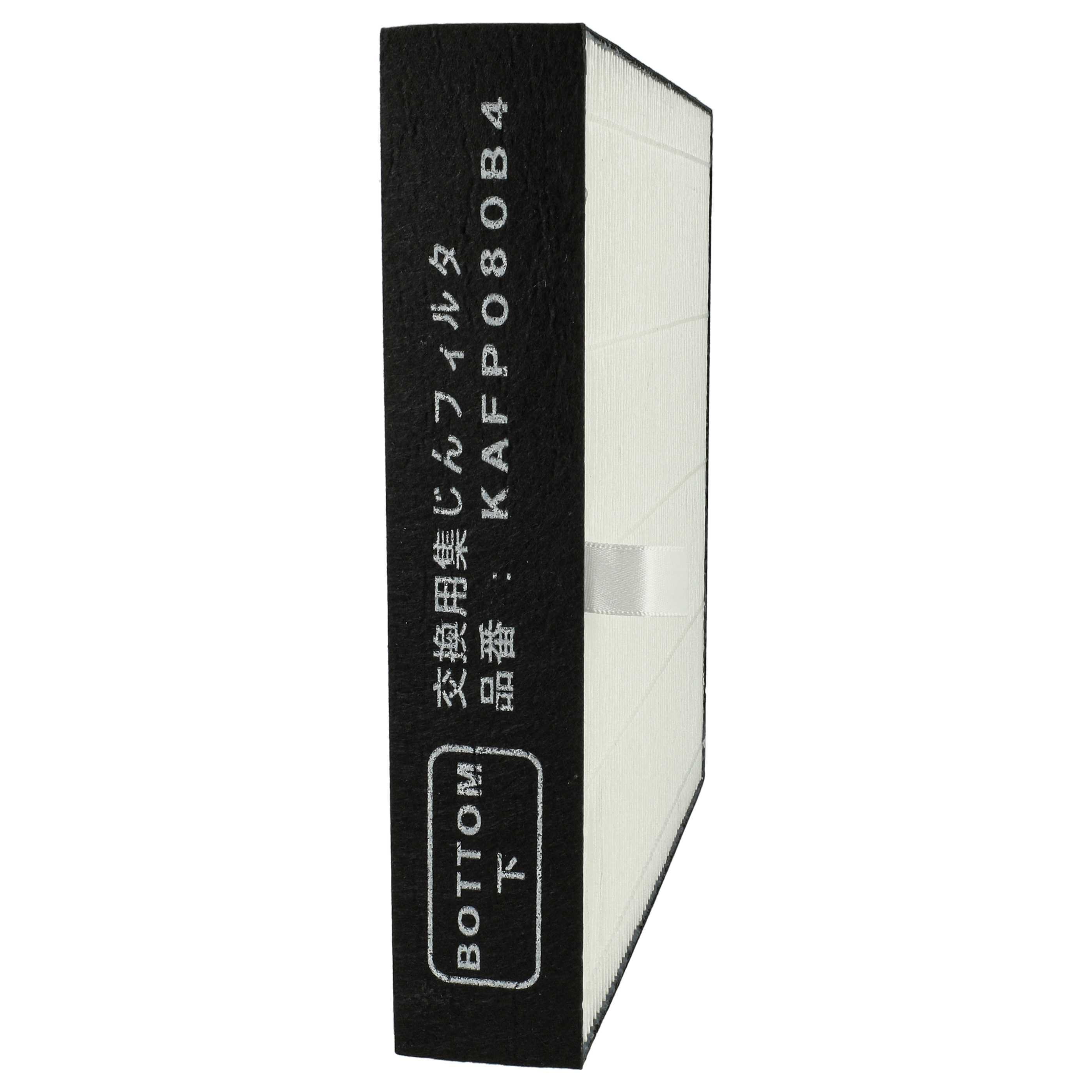 Ein Luftfilter mit japanischem Text. Der Filter hat einen schwarzen Rahmen mit weißem Text und einen weißen, plissierten Innenraum.