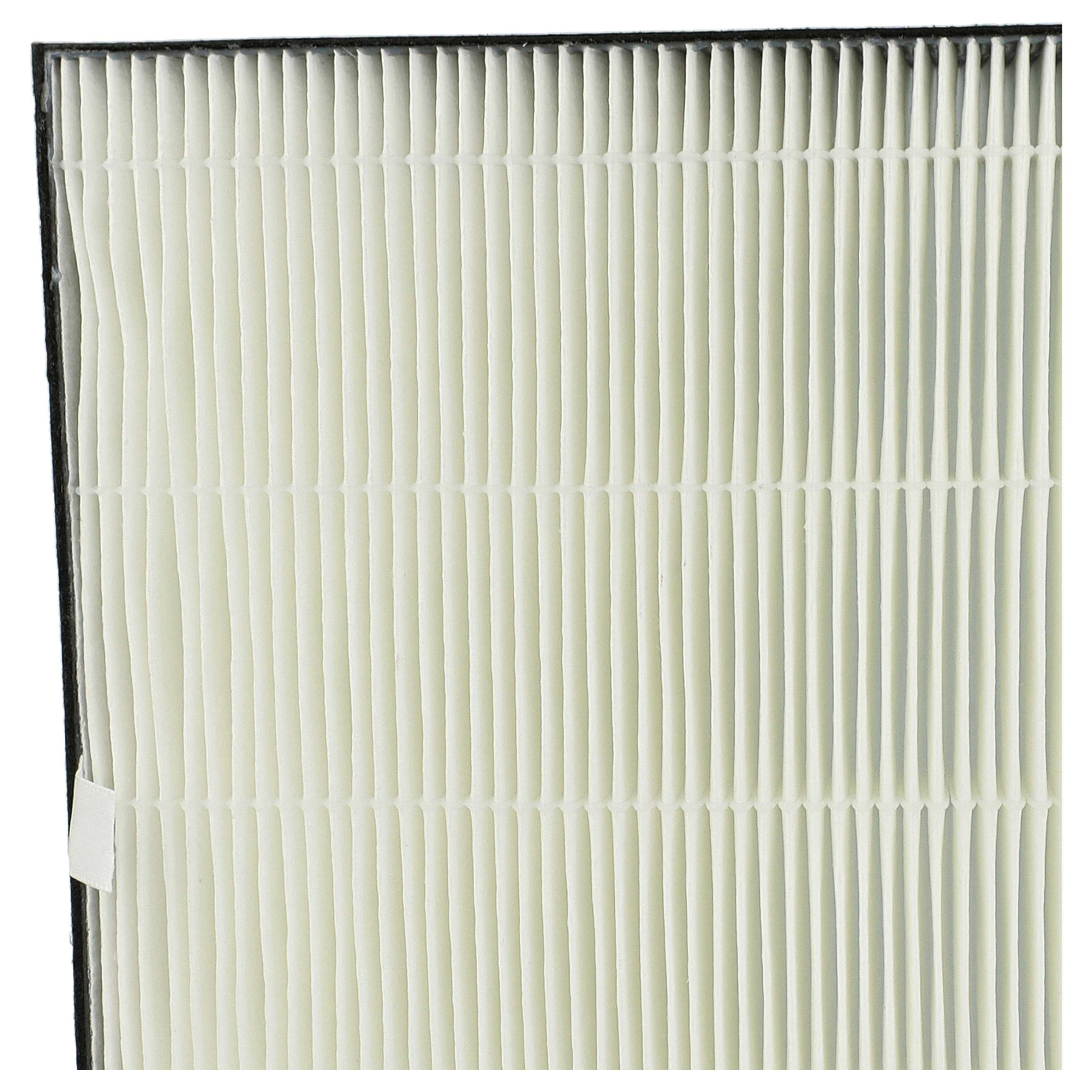 Nahaufnahme eines Luftfilters. Weißes, gefaltetes Filtermaterial ist sichtbar. Schwarzer Rahmen umgibt den Filter. Links befindet sich ein weißes Etikett.