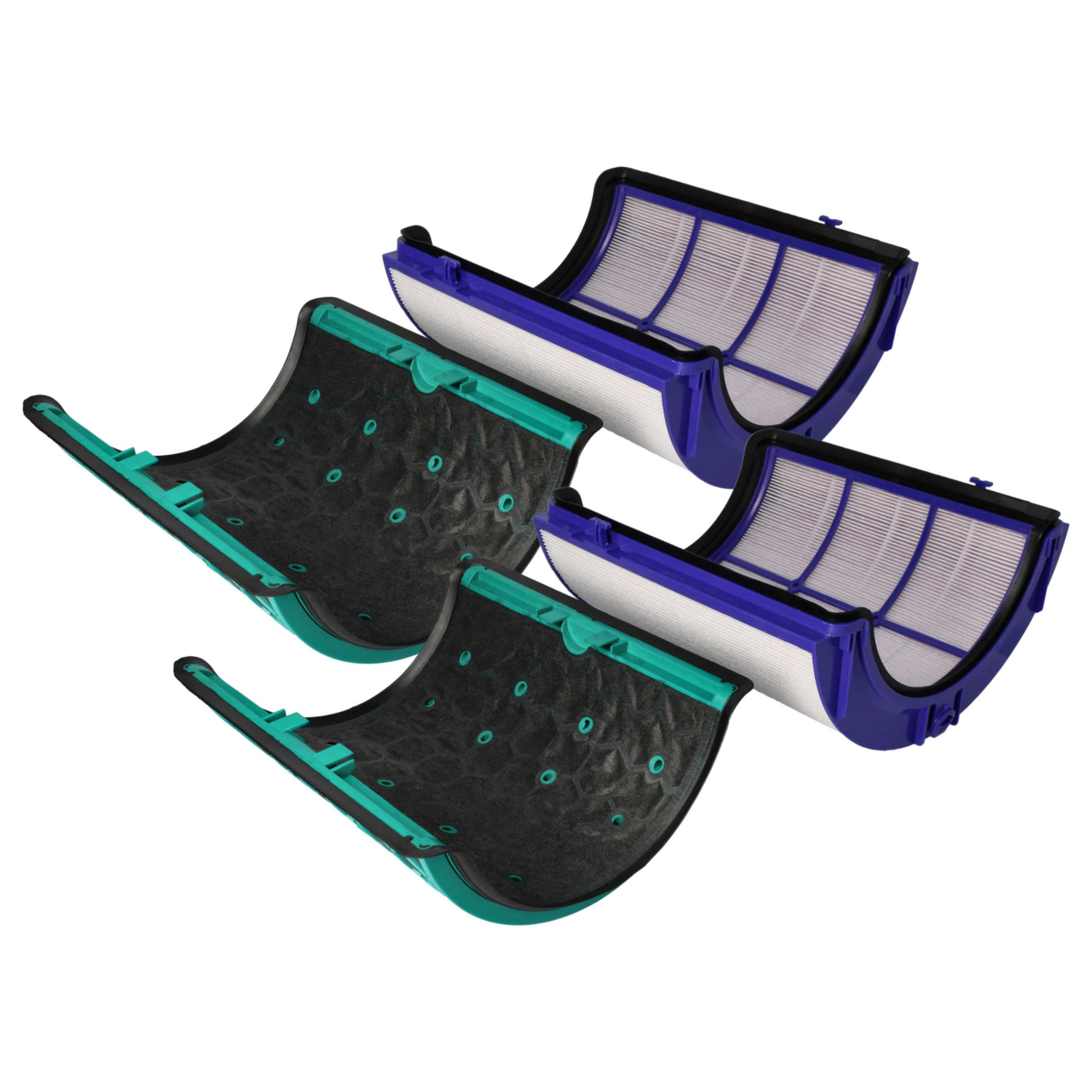 Vier Dyson-Staubsaugerfilter. Die Filter sind türkis und schwarz, mit weißem Filtermedium und blauen Rahmen.