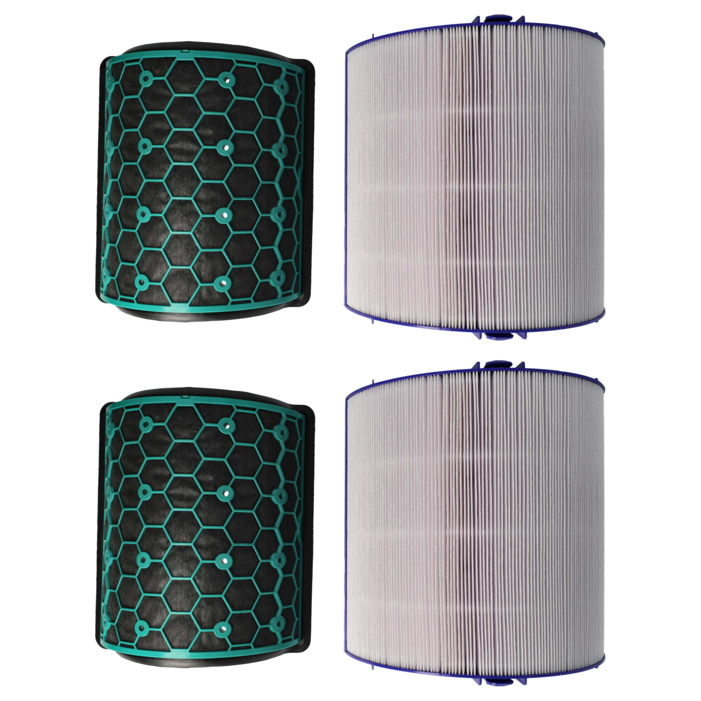 Vier Luftfilter. Zwei haben schwarze Wabenfilter mit türkisfarbenen Rahmen. Die anderen beiden sind weiße Filter mit blauen Rändern.