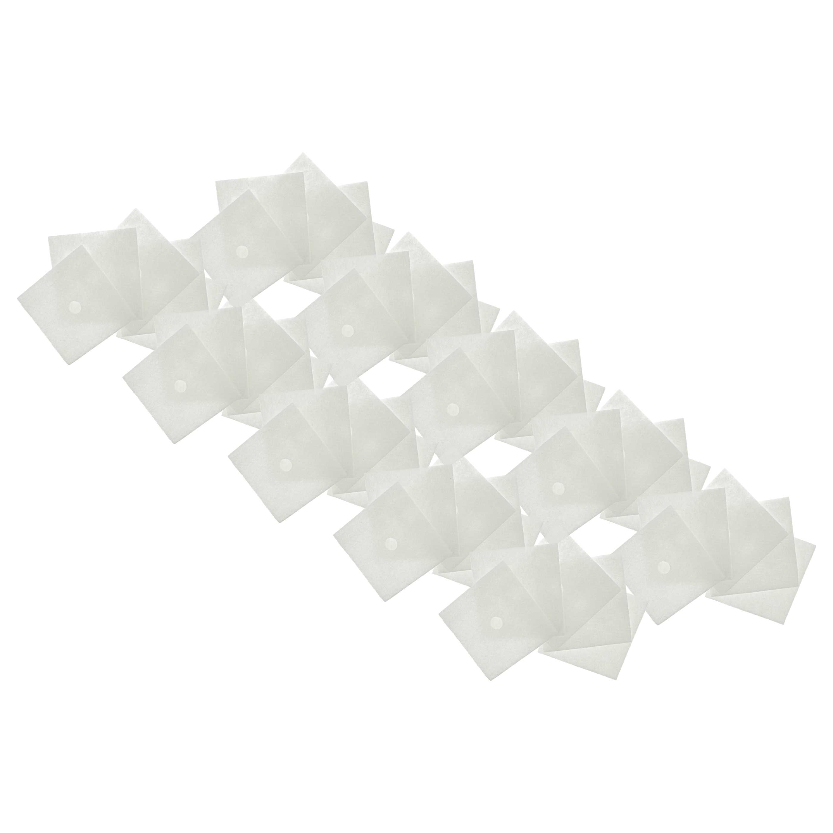 Anordnung gefalteter, quadratischer Papierformen in einem diagonalen Muster. Jedes hat einen kleinen, zentralen Kreis, auf weißem Hintergrund.