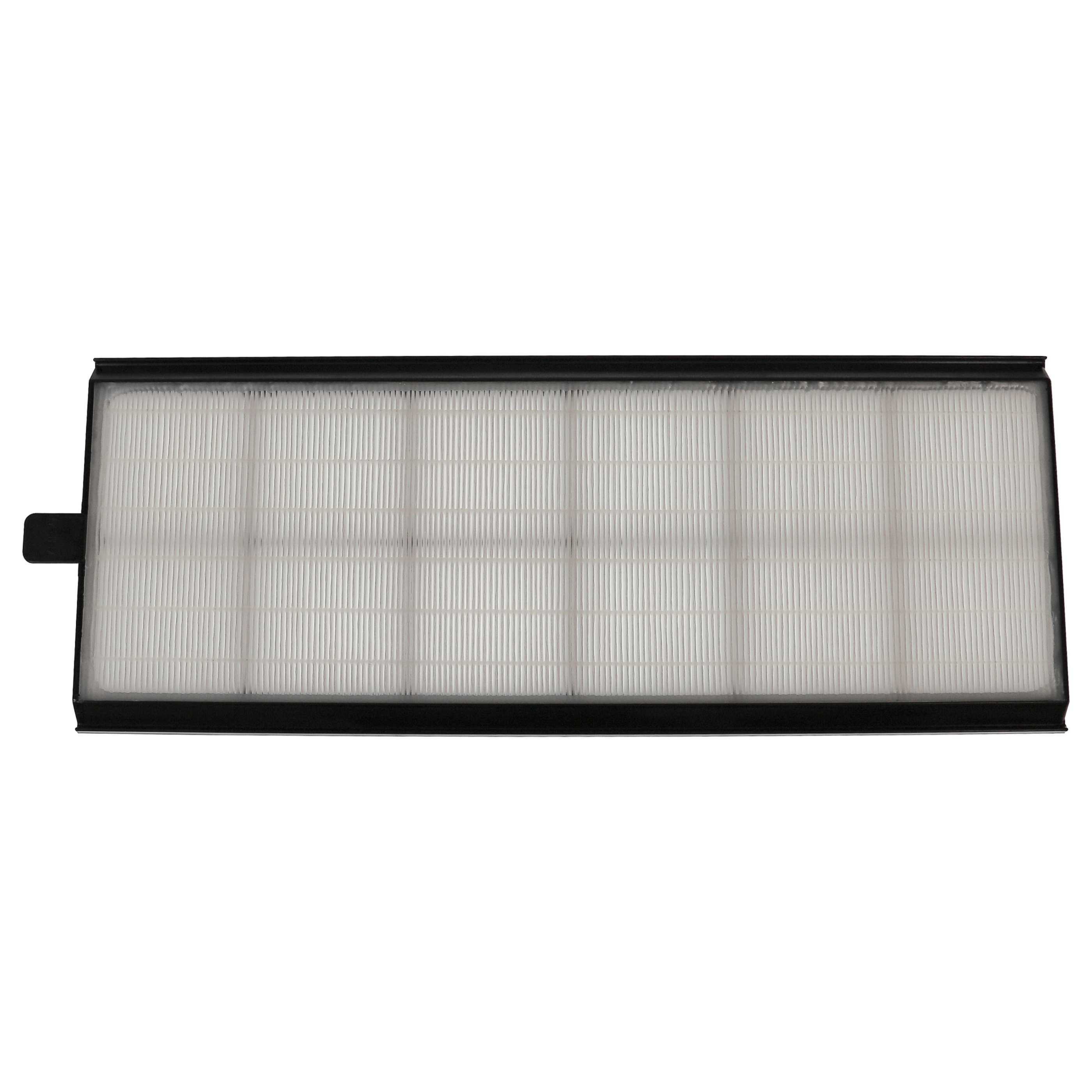 Ein rechteckiger Luftfilter mit weißem, plissiertem Filter in einem schwarzen Rahmen, auf weißem Hintergrund.