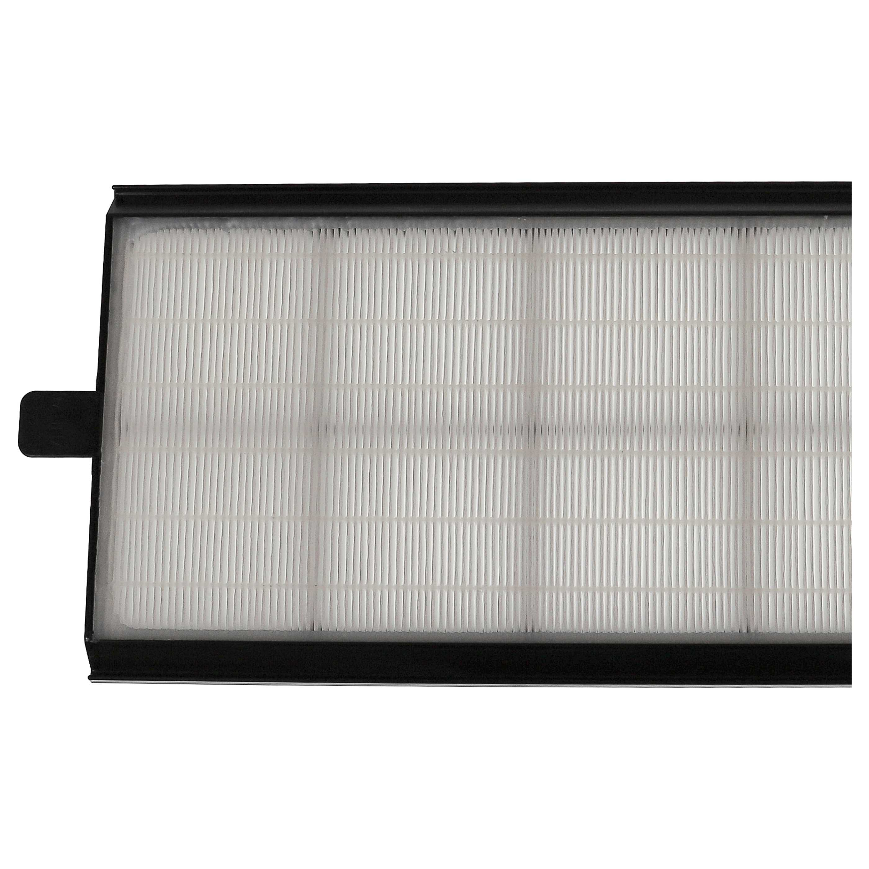 Ein rechteckiger Luftfilter, weißes plissiertes Material in einem schwarzen Rahmen, mit einer kleinen Lasche.