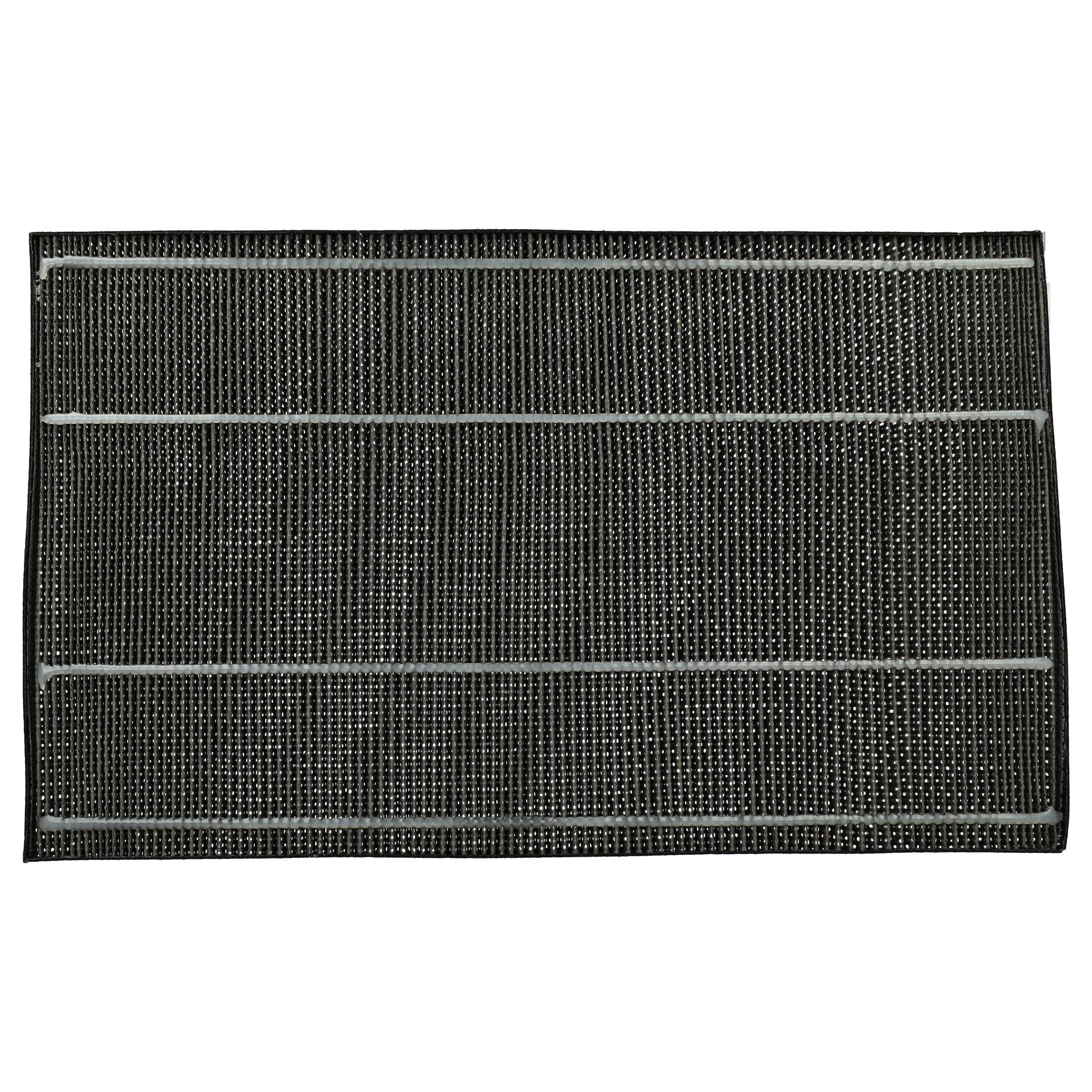 Ein rechteckiger, schwarzer Luftfilter mit Gittermuster. Er hat drei weiße horizontale Stützstreifen.