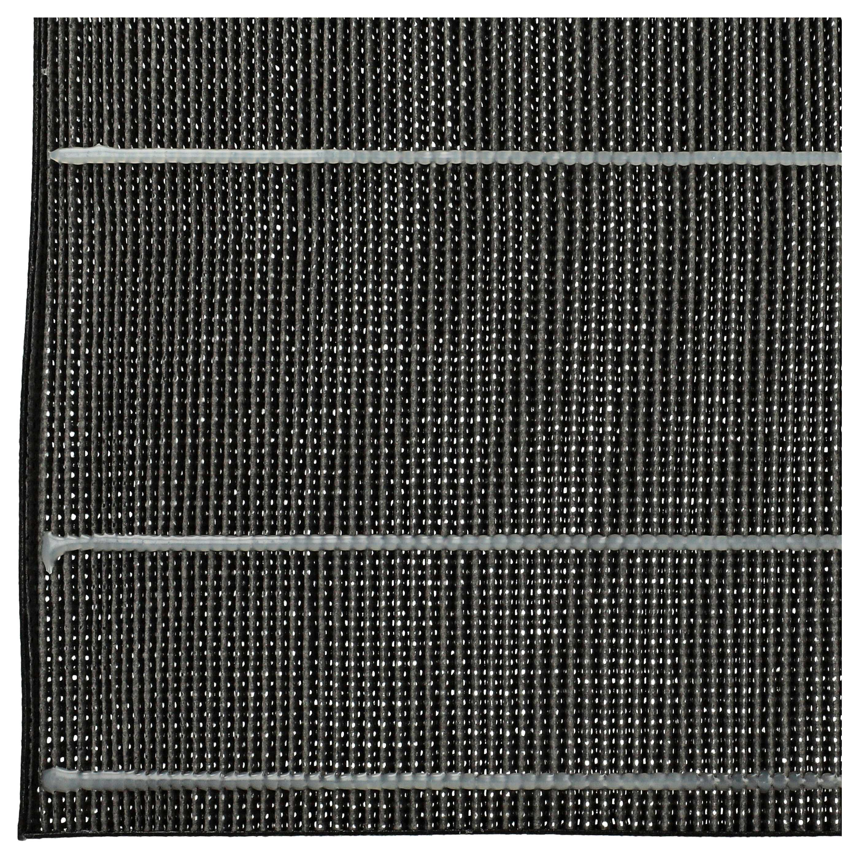Nahaufnahme eines schwarzen Luftfilters mit vertikalen Linien. Drei horizontale weiße Linien verlaufen über den Filter.