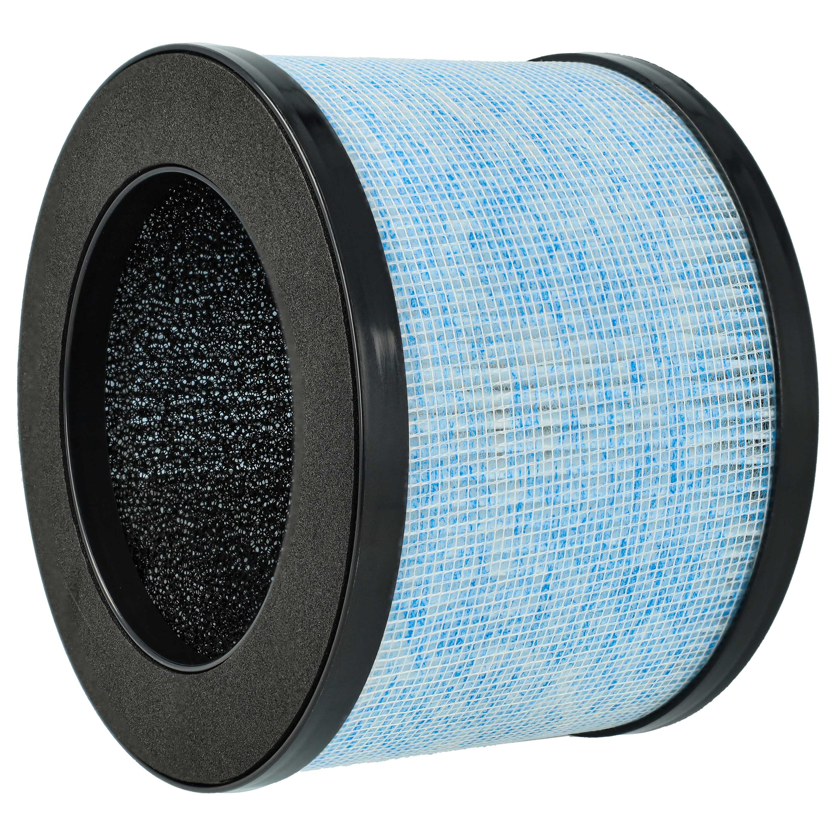 Ein Luftfilter mit schwarzem Rahmen und blau-weißem Filtermaterial. Der Hintergrund ist weiß.