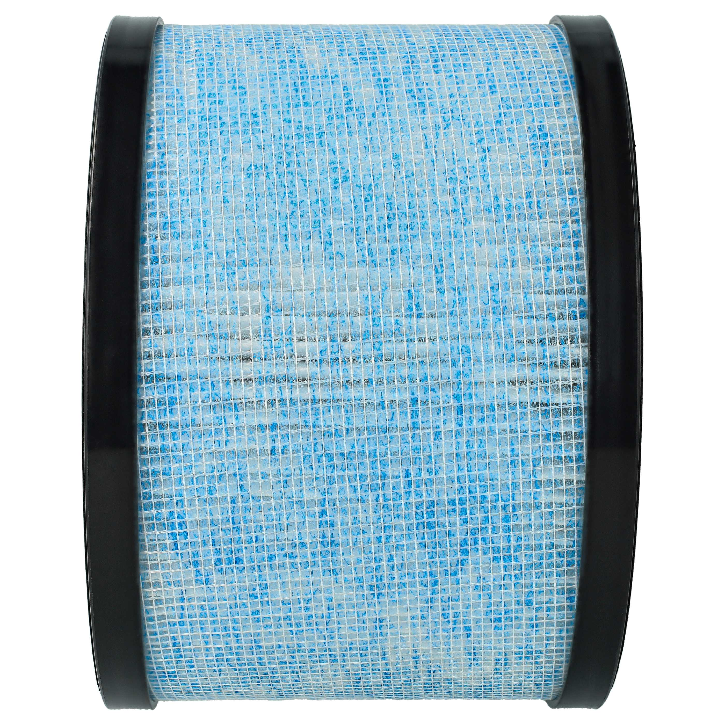 Zylindrischer Luftfilter mit blau-weißem Netz. Er hat schwarze Ränder an beiden Enden.