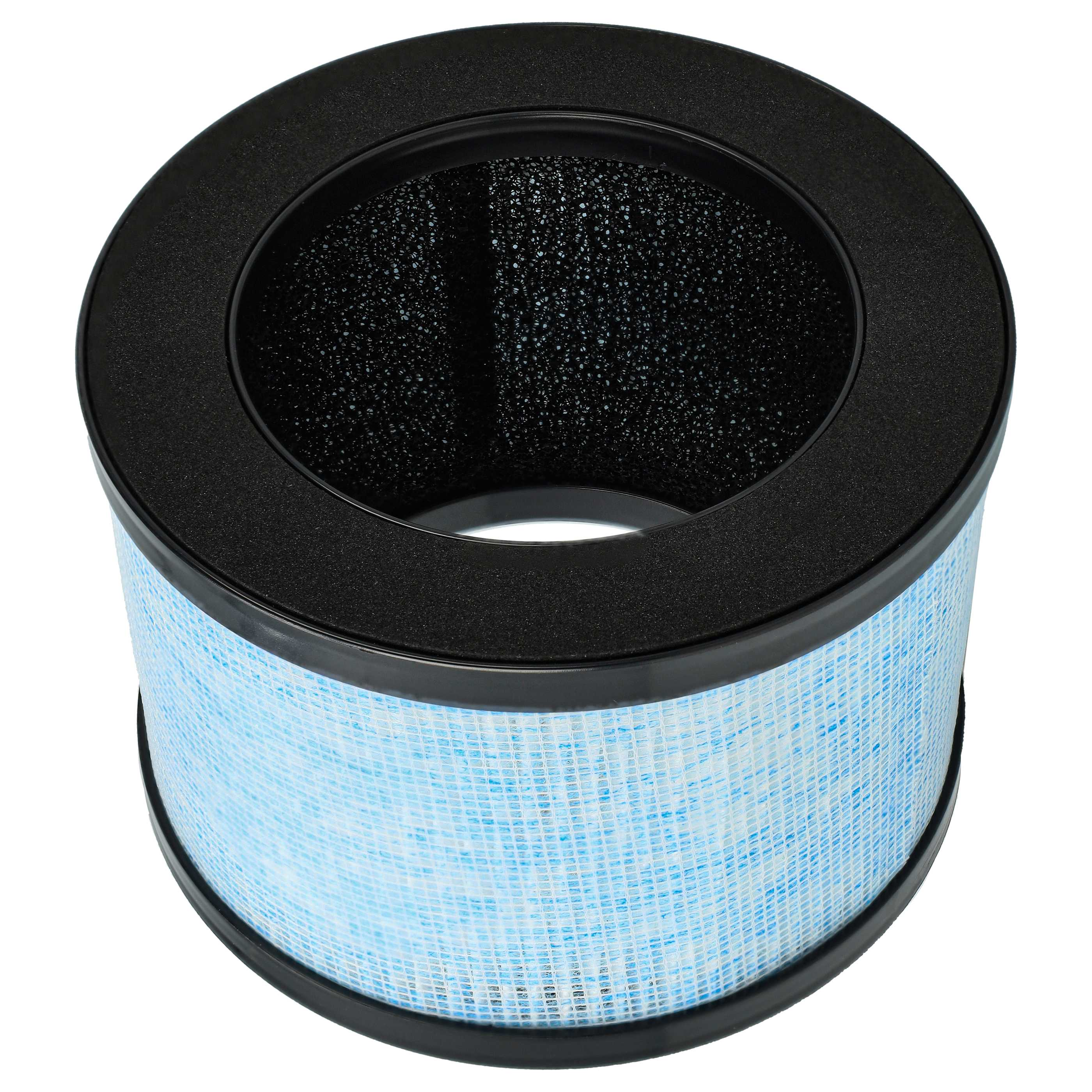 Ein Luftfilter mit schwarzem Rahmen, blauem Filtermedium und dunklem Innenraum. Der Filter ist zylindrisch.