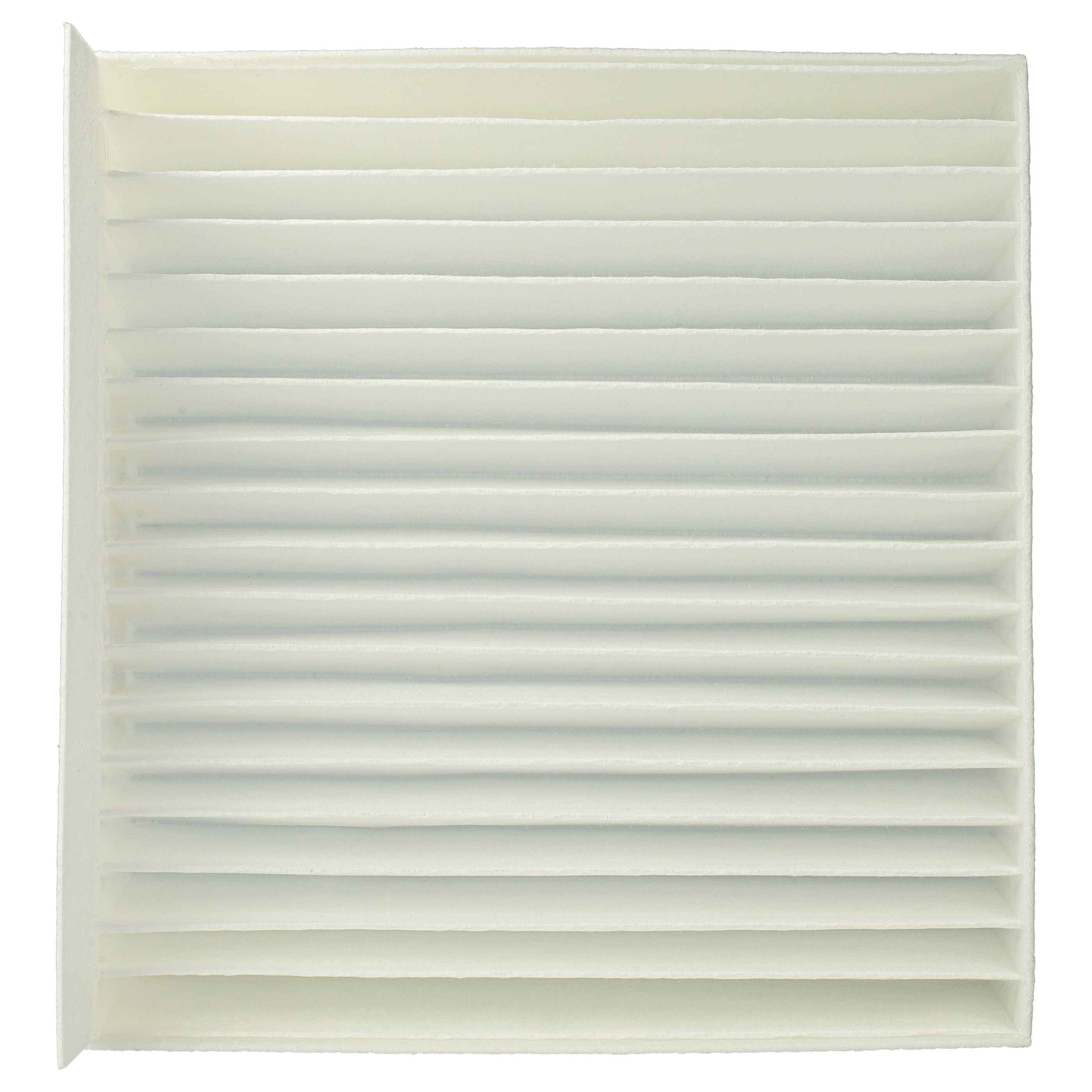 Ein weißer, rechteckiger Luftfilter mit horizontalen, parallelen, gefalteten Schichten auf weißem Hintergrund.
