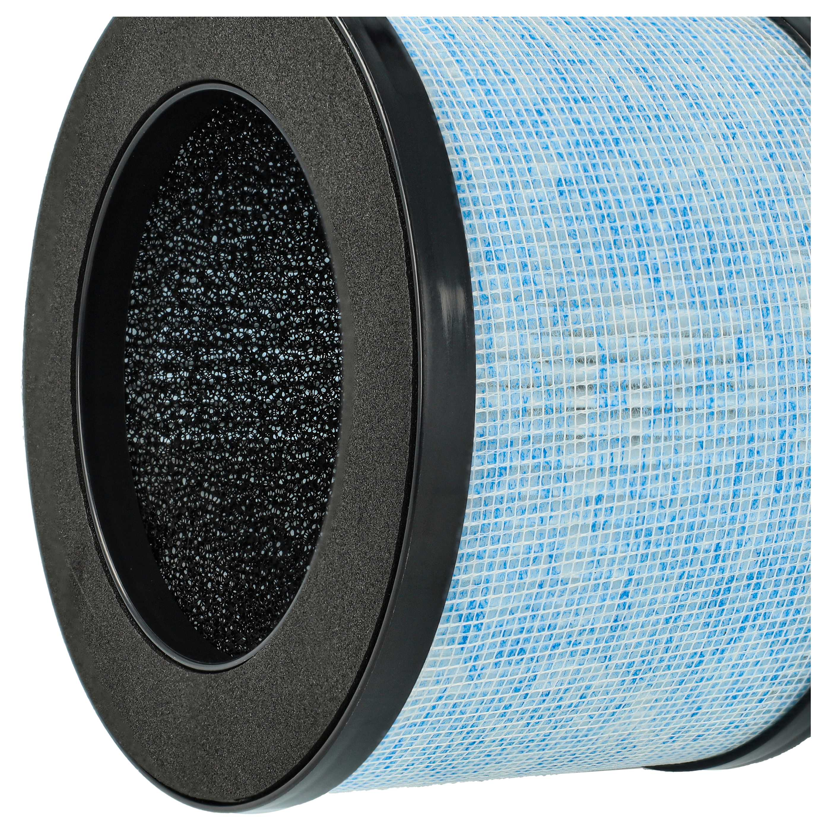 Ein Luftfilter mit schwarzem Rahmen, einer Schicht aus schwarzem Schaumstoff, einem blau-weißen Netzfilter und einem schwarzen Innenring.