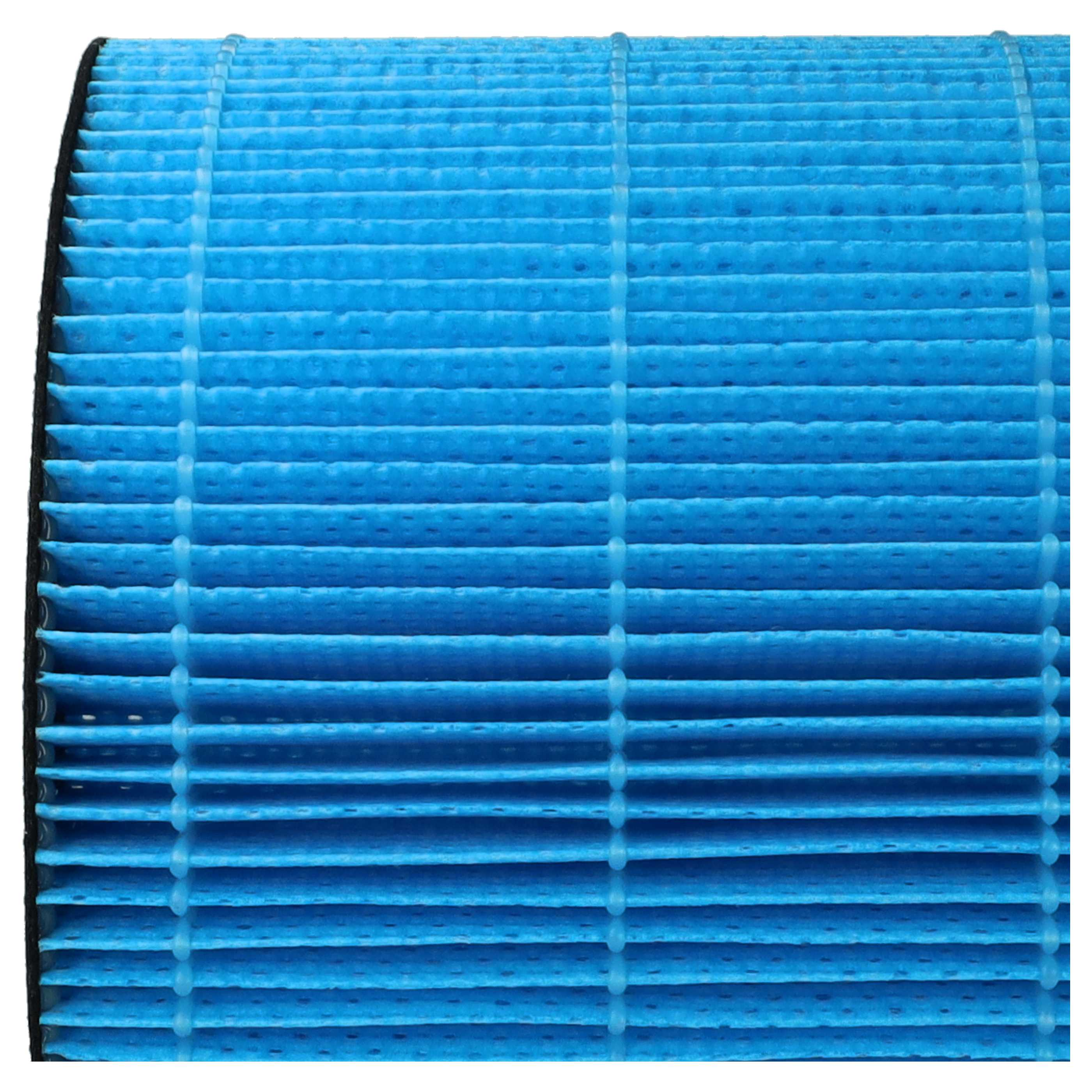 Nahaufnahme eines blauen Luftfilters mit mehreren horizontalen Schichten, die durch vertikale weiße Streifen gehalten werden.