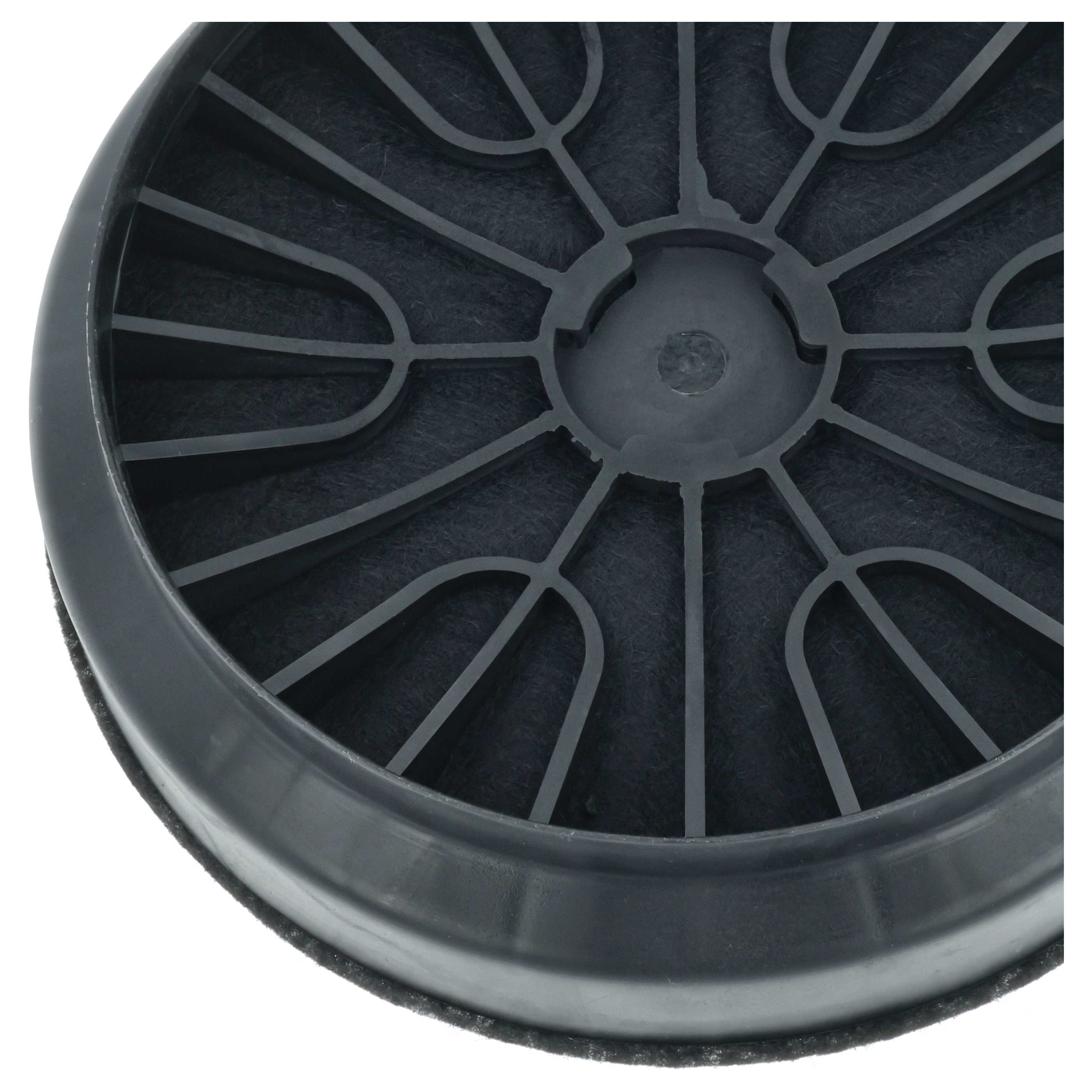 Nahaufnahme eines schwarzen Luftfilters. Er hat eine runde Form mit zentraler Nabe und radialen Balken, auf weißem Grund.